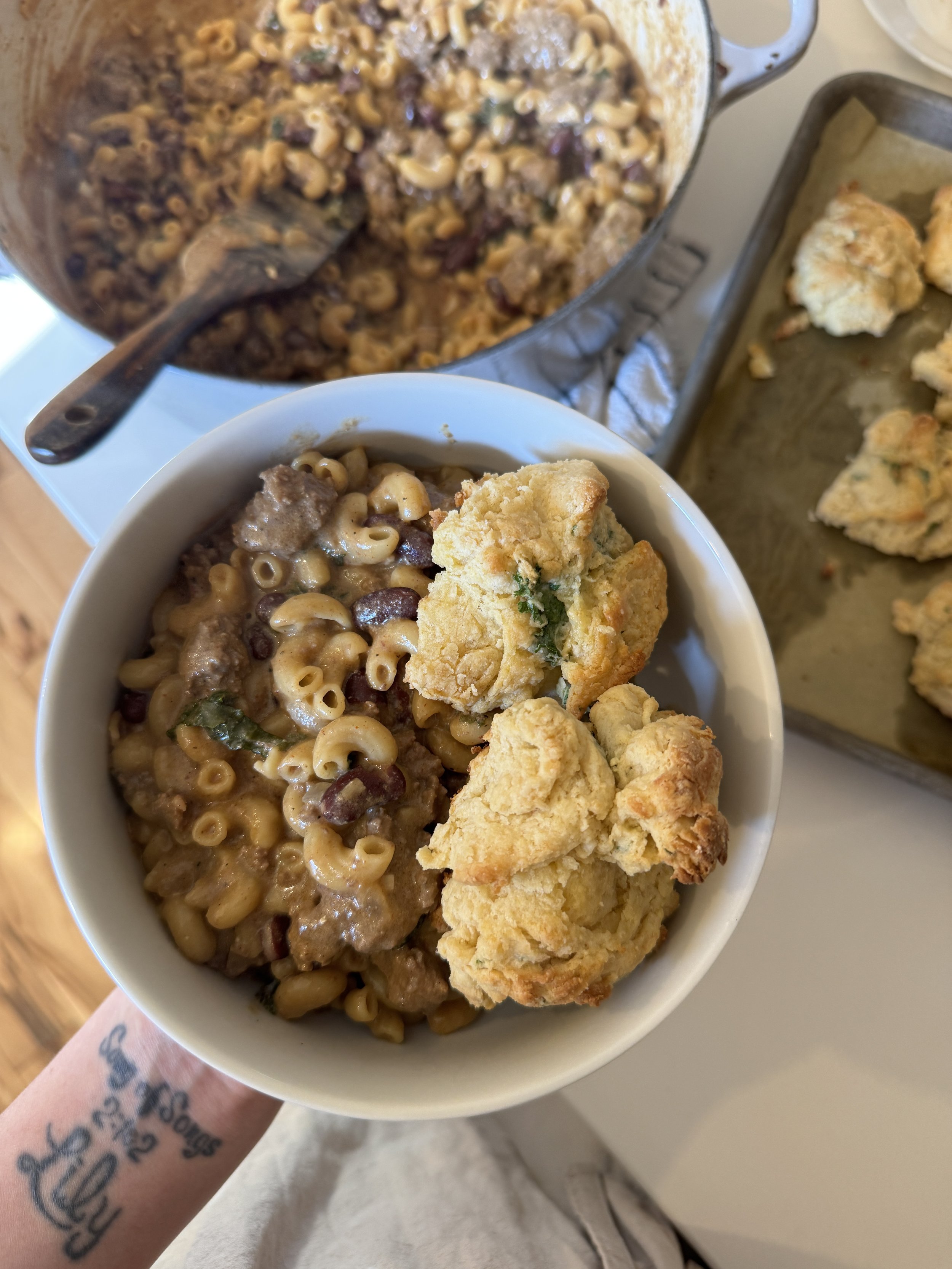 homemade hamburger helper + quick drop biscuits 