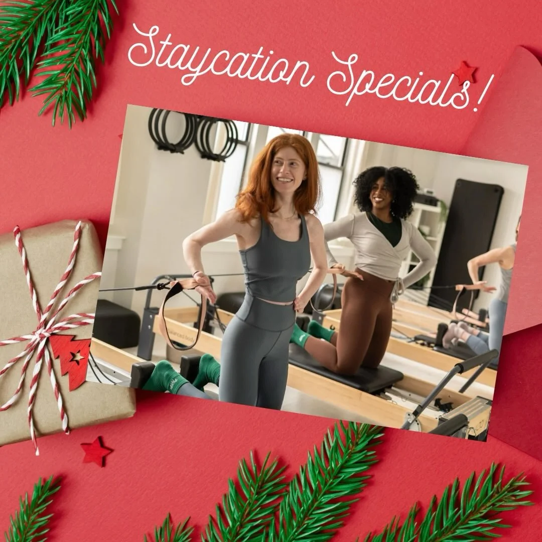 Planning to take at least 3 classes before the end of the year? Staycation Specials are for you!🎄🎁

5 Mat/Barre/Strength Classes for $109 ($21.80/class!)
2 Weeks Unlimited Mat/Barre/Strength for $129
3 Reformer Classes for $109 

All Holiday Packs 