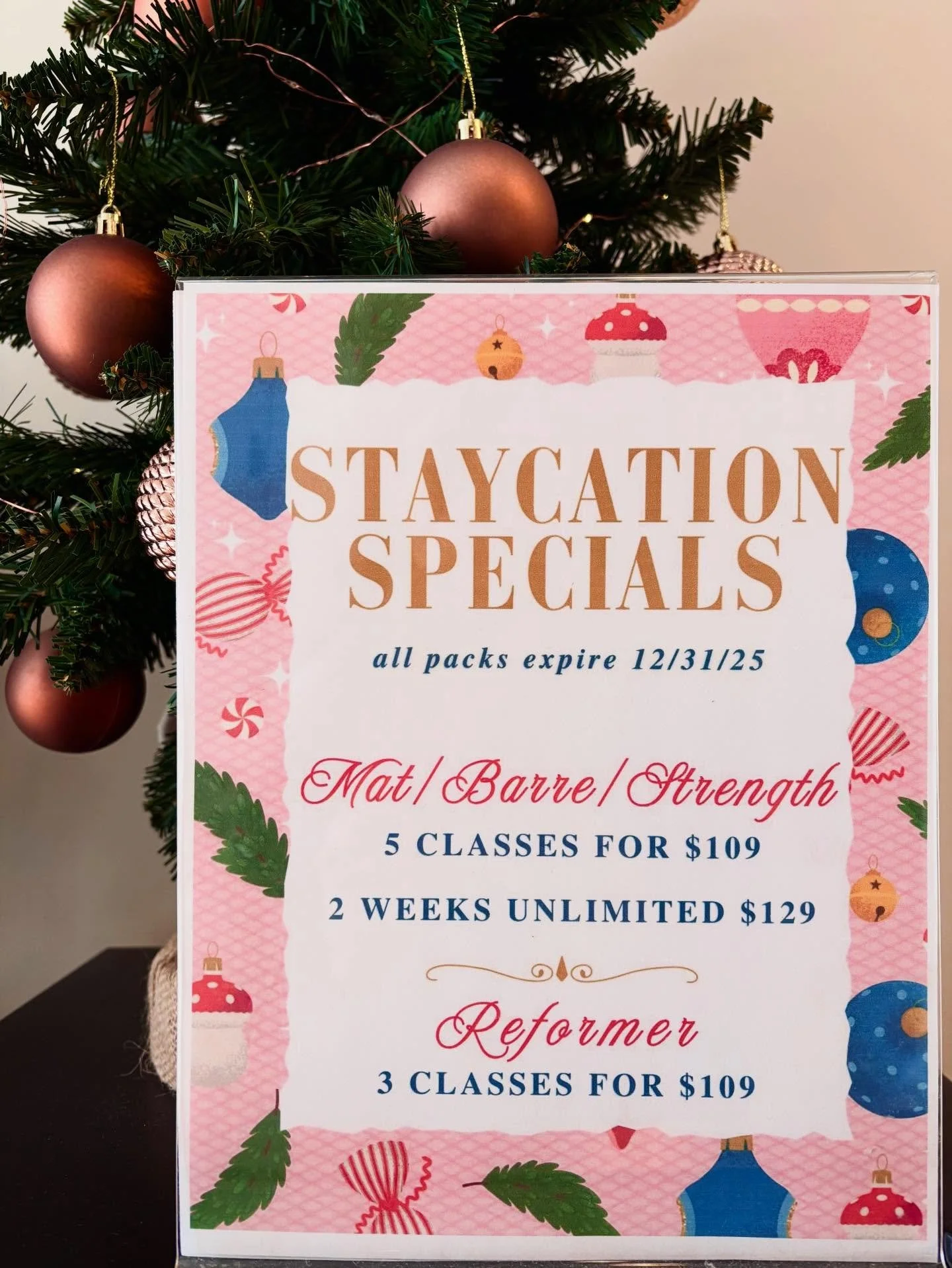 Holiday Staycation Specials are here! 🎄🎁

5 Mat/Barre/Strength Classes for $109
2 Weeks Unlimited Mat/Barre/Strength for $129
3 Reformer Classes for $109

All Holiday Packs expire New Years Eve 12/31/25!
Link to purchase in bio