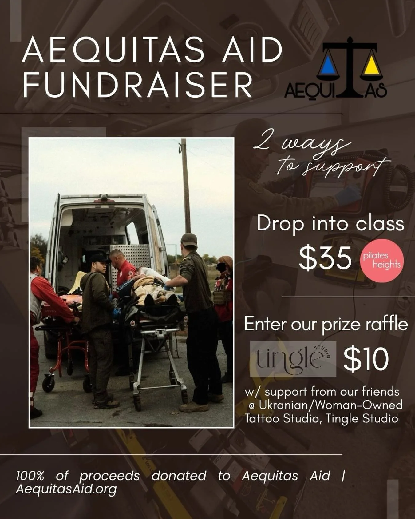 💙 Supporting Aequitas Aid 💛

In partnership with @tingle.studio, join us for any Mat, Barre, or Strength class for $35, and/or enter our prize raffle ($10 per ticket)&mdash;with 100% of proceeds donated to Aequitas Aid, supporting their frontline h