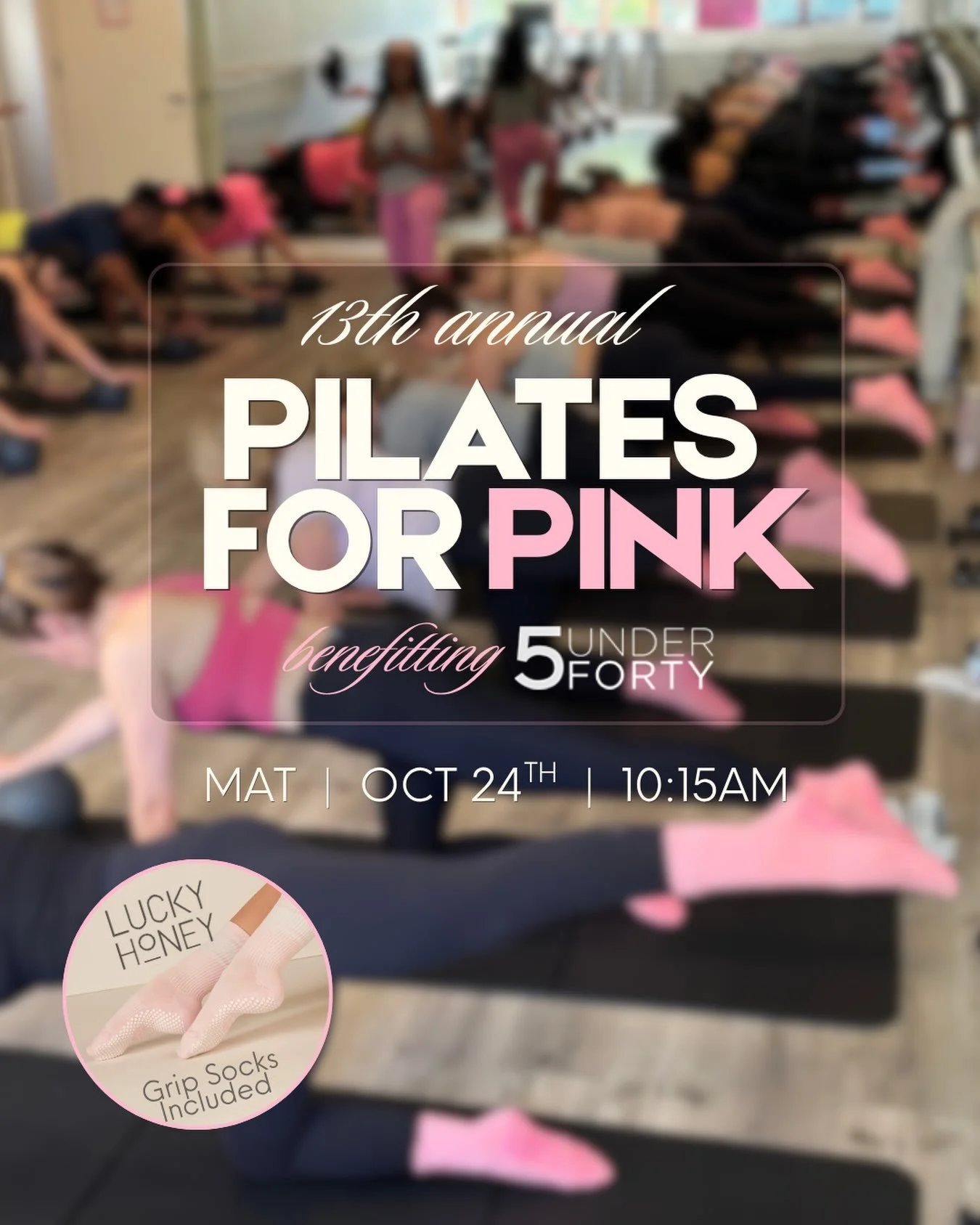 13th Annual🩷Pilates for Pink, benefitting @5under40 Foundation

🗓️ Saturday 10/24, 10:15am Mat w/ Nicole 
💲 $50 | includes a complimentary pair of @luckyhoneystyle grip socks + 1 raffle ticket 
🔗 link to book in bio 

Can&rsquo;t make it to class