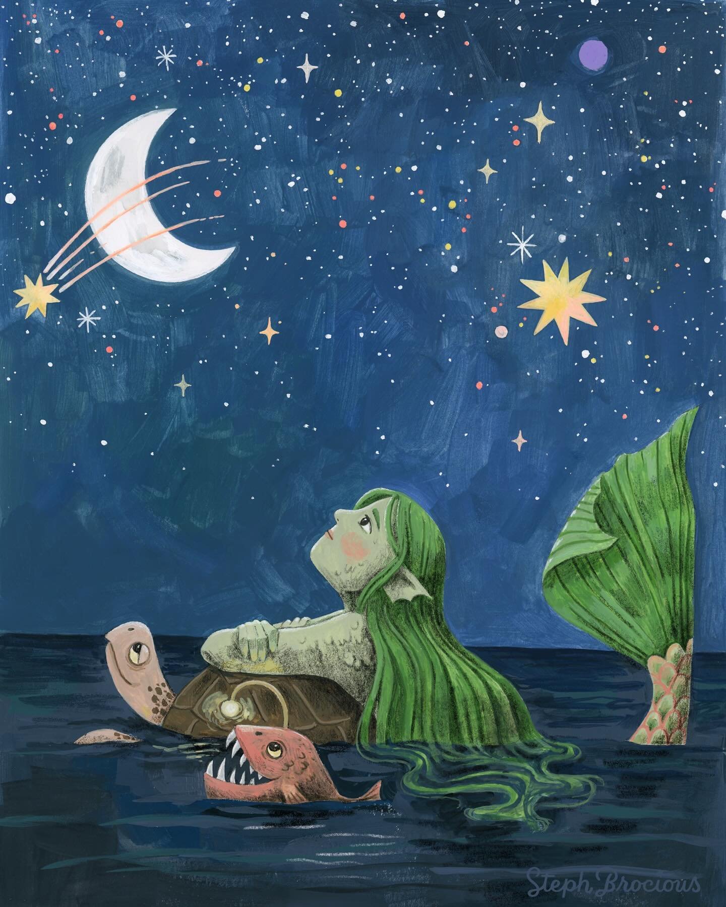 My next entry for #bringspring2024 is for the prompt Starry Night. I thought I&rsquo;d also combine that prompt with #mermay because I love to illustrate a mermaid every May. 😁 It&rsquo;s always fun to revisit my childhood enjoyments and to think of