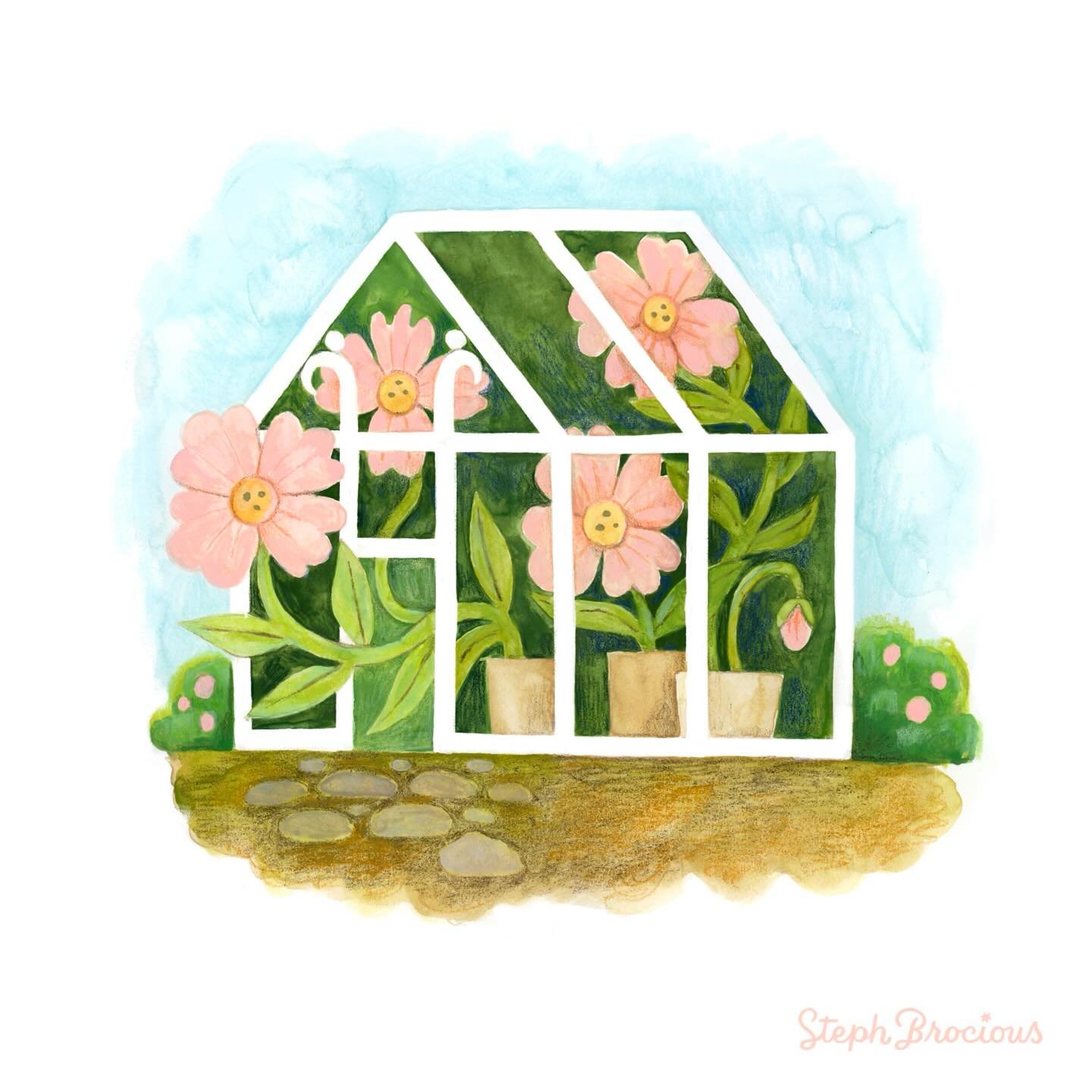 Day 21 of @peachtober is GREENHOUSE. 🌸 This was my first time using masking fluid, which was so fun to experiment with! I love October art challenges for that reason - so much learning and exploring! Wouldn&rsquo;t this one be such a cute sticker? S