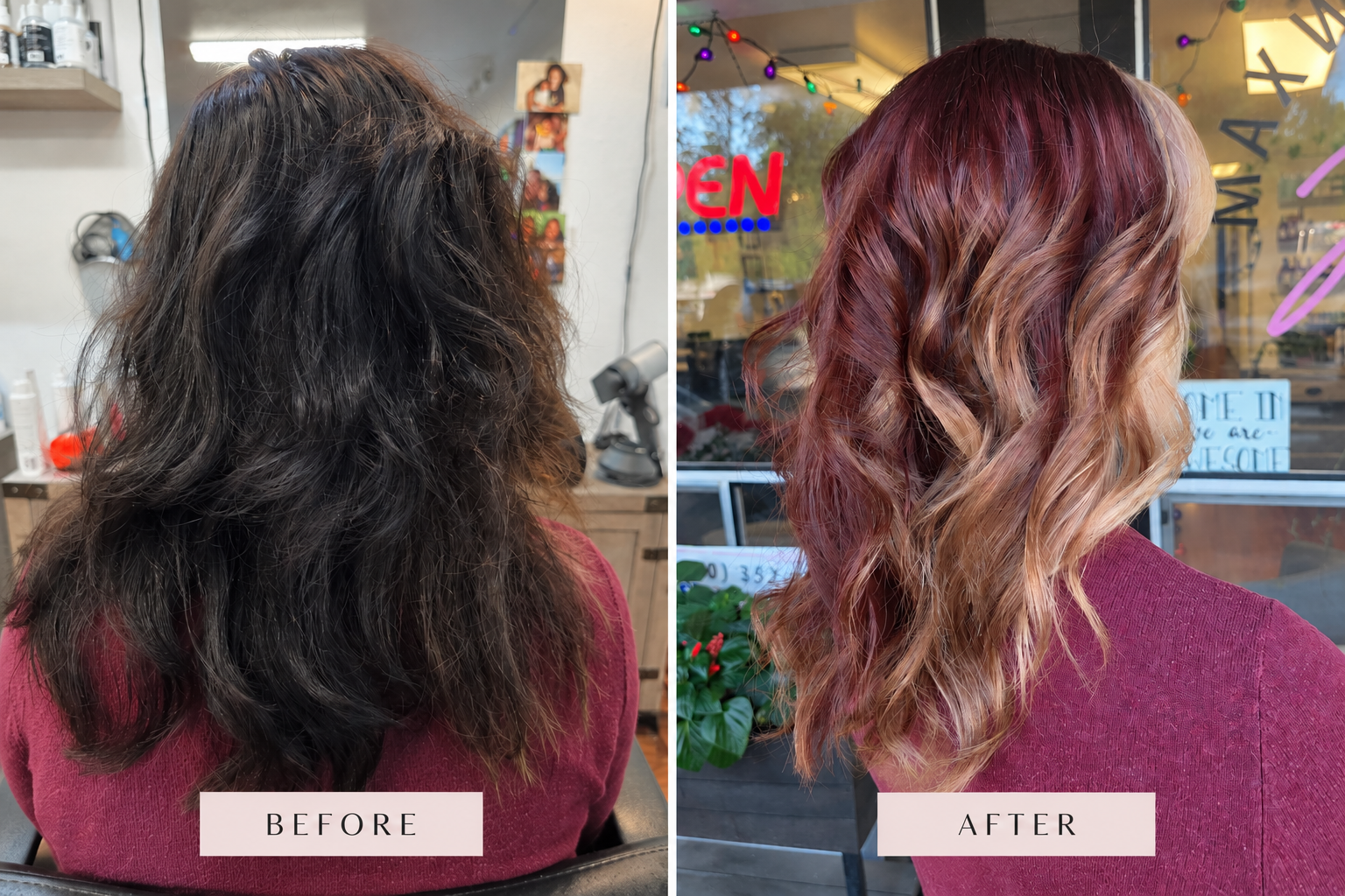 Before and after corrective hair color at Maxwell’s Salon & Spa in Olympia, WA