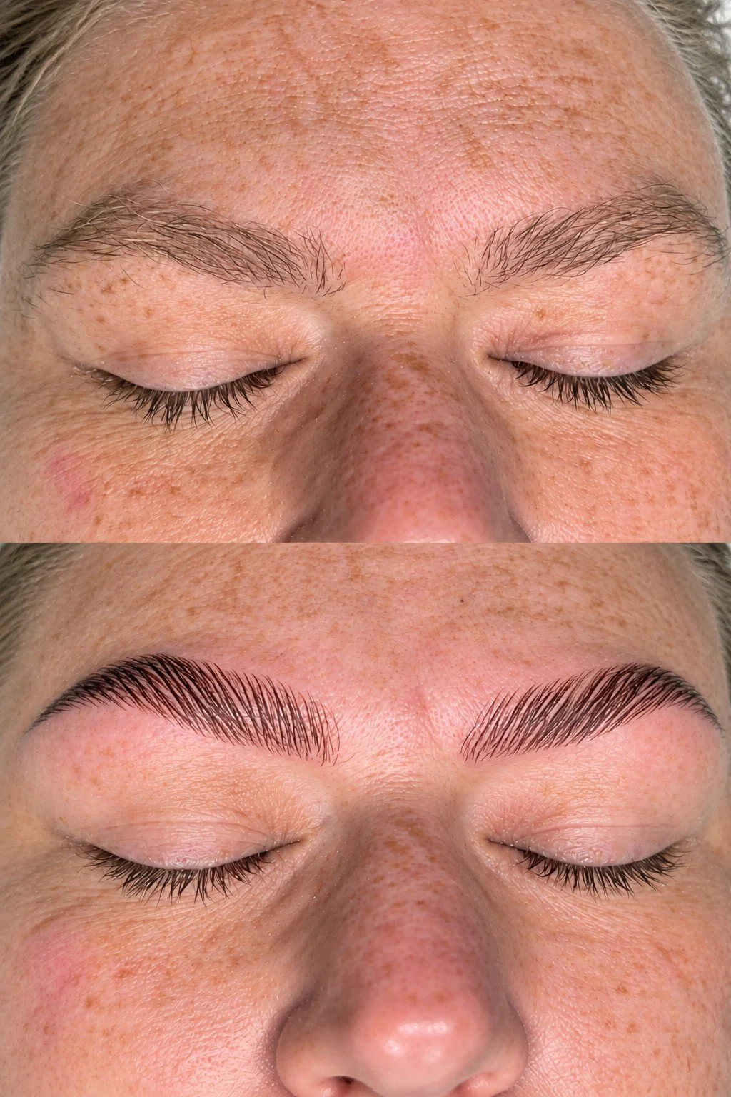 Before and after brow lamination, wax and tint at Maxwell’s Salon & Spa in Olympia, WA