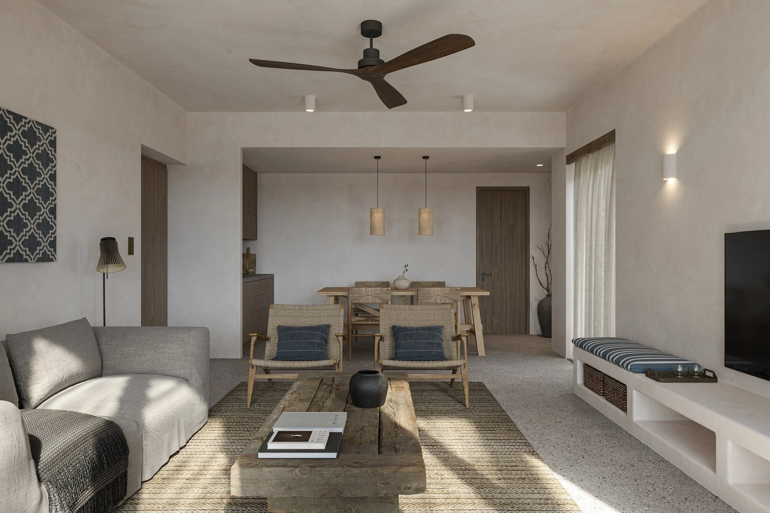 Interior architectural rendering of a modern minimalist living and dining area in Paros with wooden furniture, neutral tones, woven textures, soft natural light and a calm contemporary Mediterranean design aesthetic.