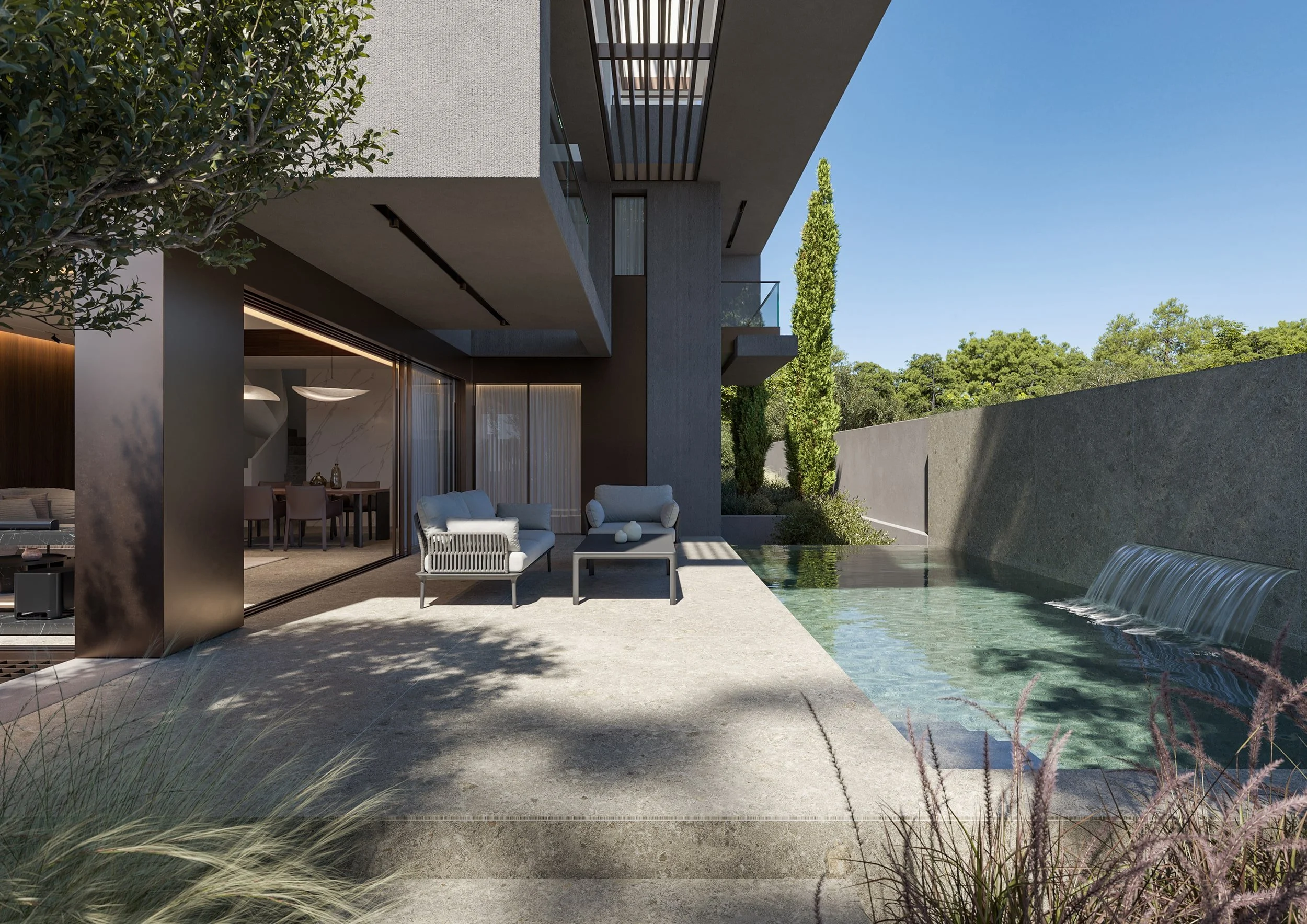 Architectural rendering of a modern residential outdoor space in Voula with minimalist concrete patio, contemporary seating, narrow pool with waterfall feature, large glass openings and landscaped greenery in a clean geometric design.