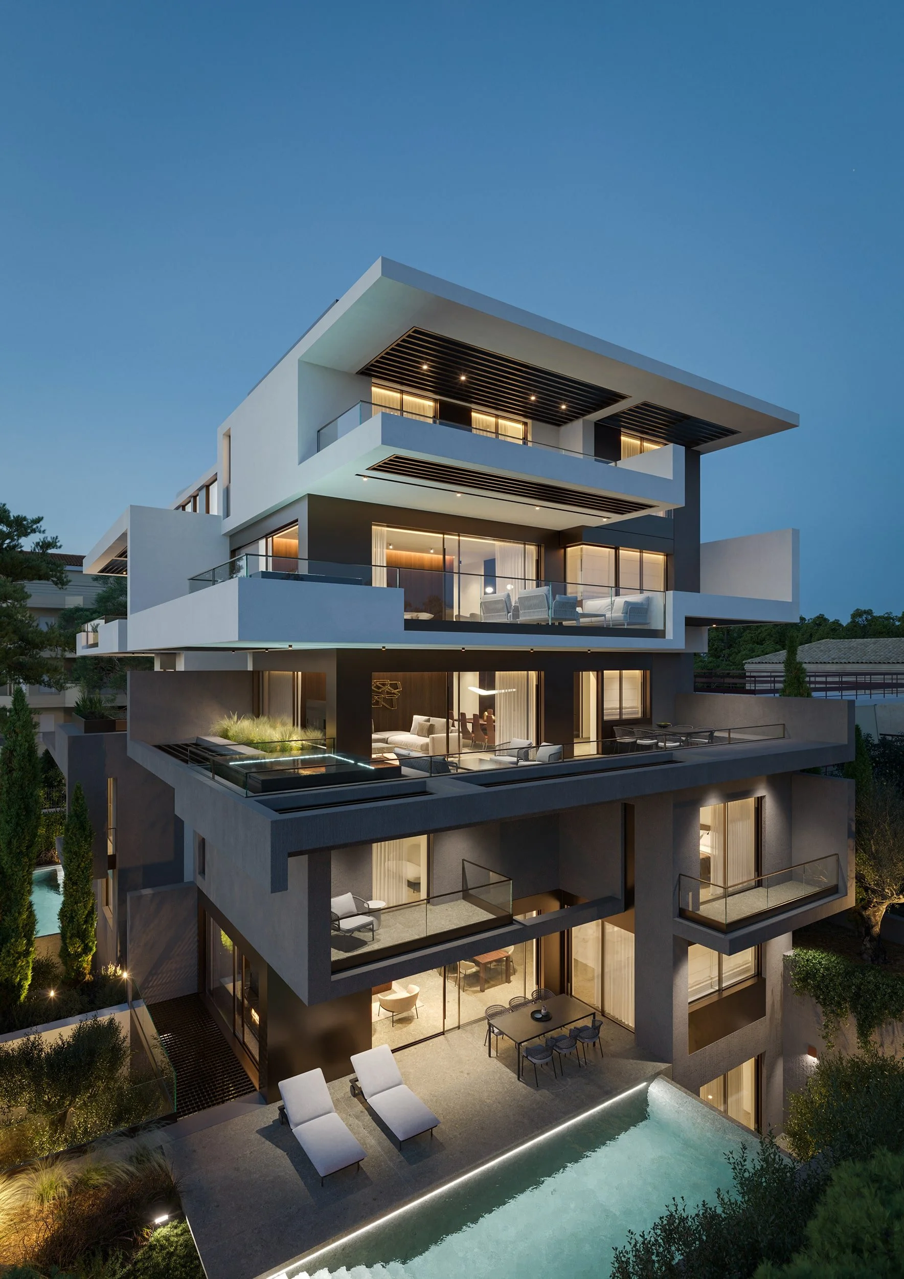 Architectural rendering of a modern multi‑level luxury residence in Voula with cantilevered balconies, large glass openings, illuminated pool, landscaped greenery and warm interior lighting highlighting contemporary indoor‑outdoor living.