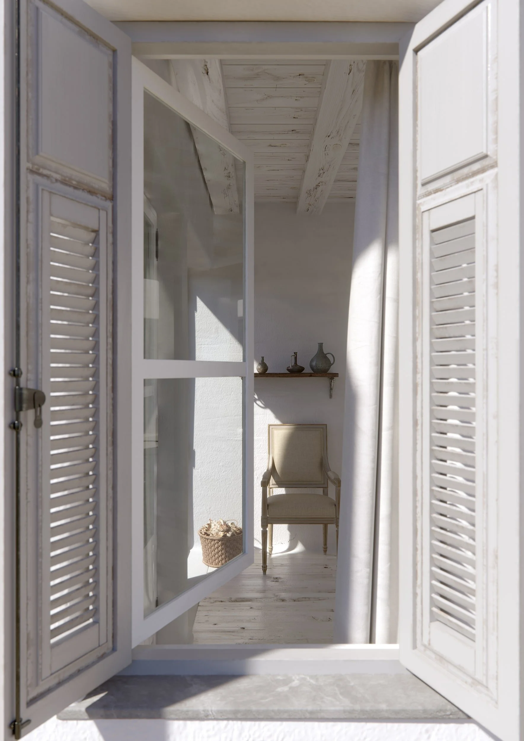 Architectural rendering through a window of a Cycladic room in the Greek islands with whitewashed wall, rustic wooden beams, ceramic decor on a small shelf, woven basket and soft natural Mediterranean light.
