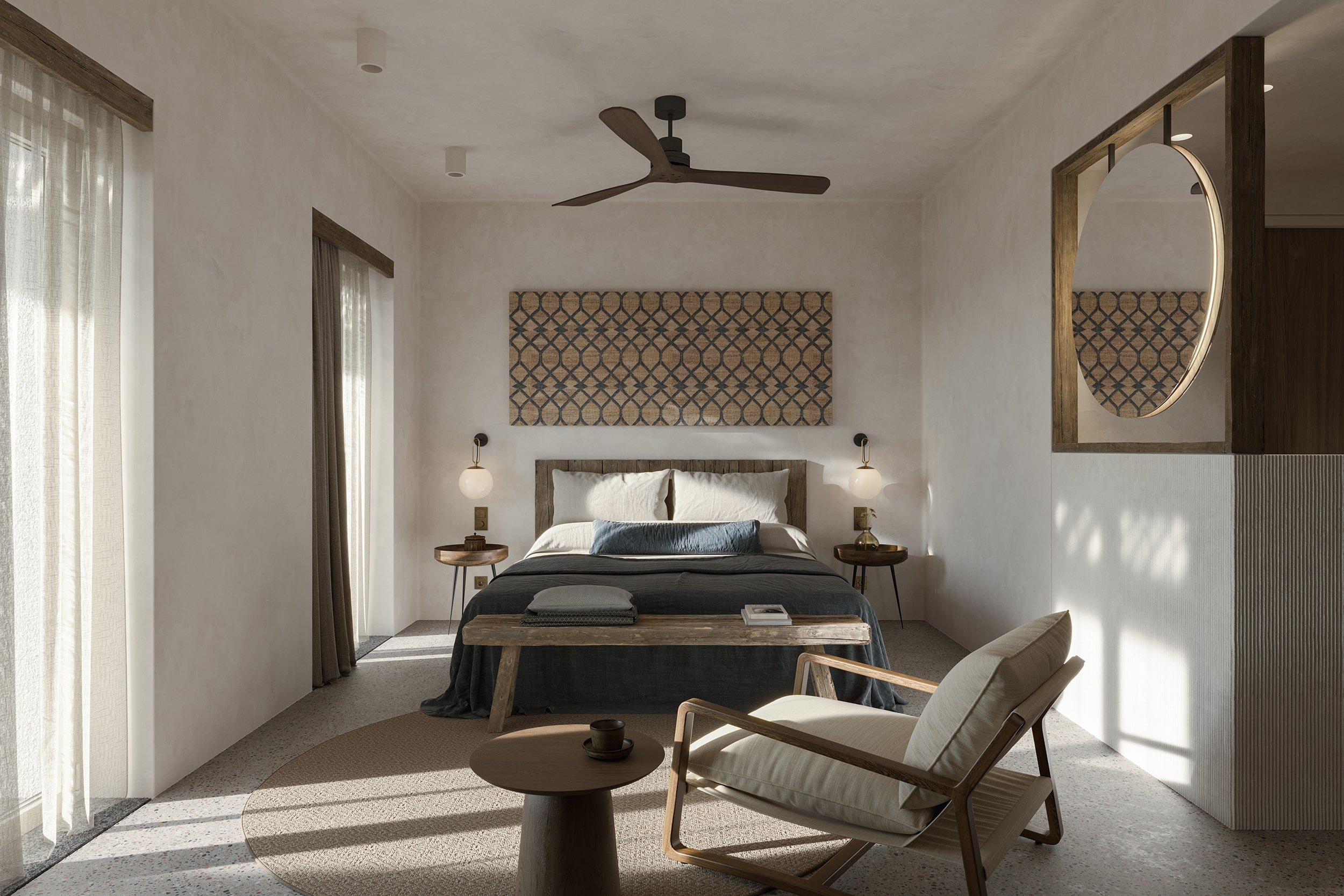 Interior architectural rendering of a minimalist bedroom in Paros with neutral tones, wooden furniture, woven wall decor, soft natural light through sheer curtains and a calm modern design aesthetic.