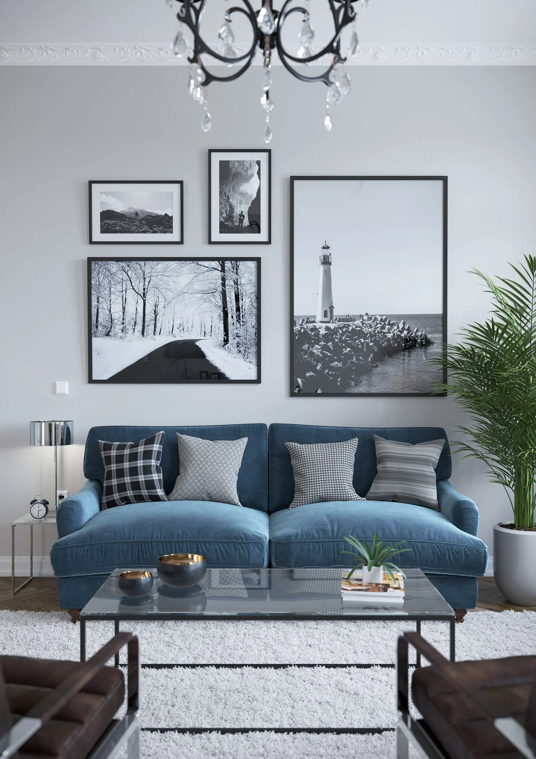 Interior architectural rendering of a Scandinavian‑inspired living room with blue sofa, patterned cushions, glass coffee table, black‑and‑white landscape photography, indoor plants and a calm modern Nordic atmosphere.