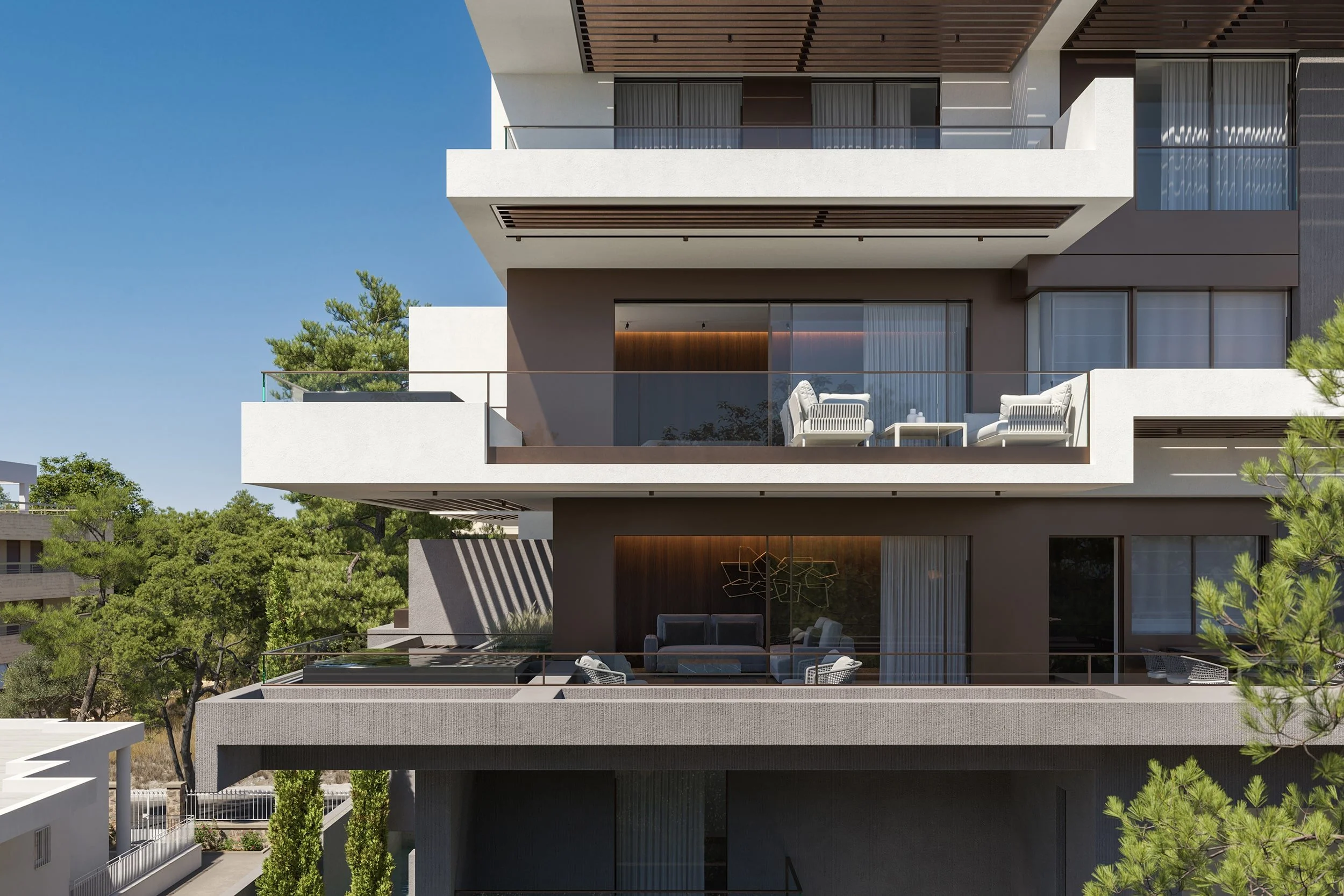 Architectural rendering of a modern multi‑story residential building in Voula with large balconies, glass railings, white and dark brown surfaces, metallic slat shaders and surrounding greenery under a clear blue sky.