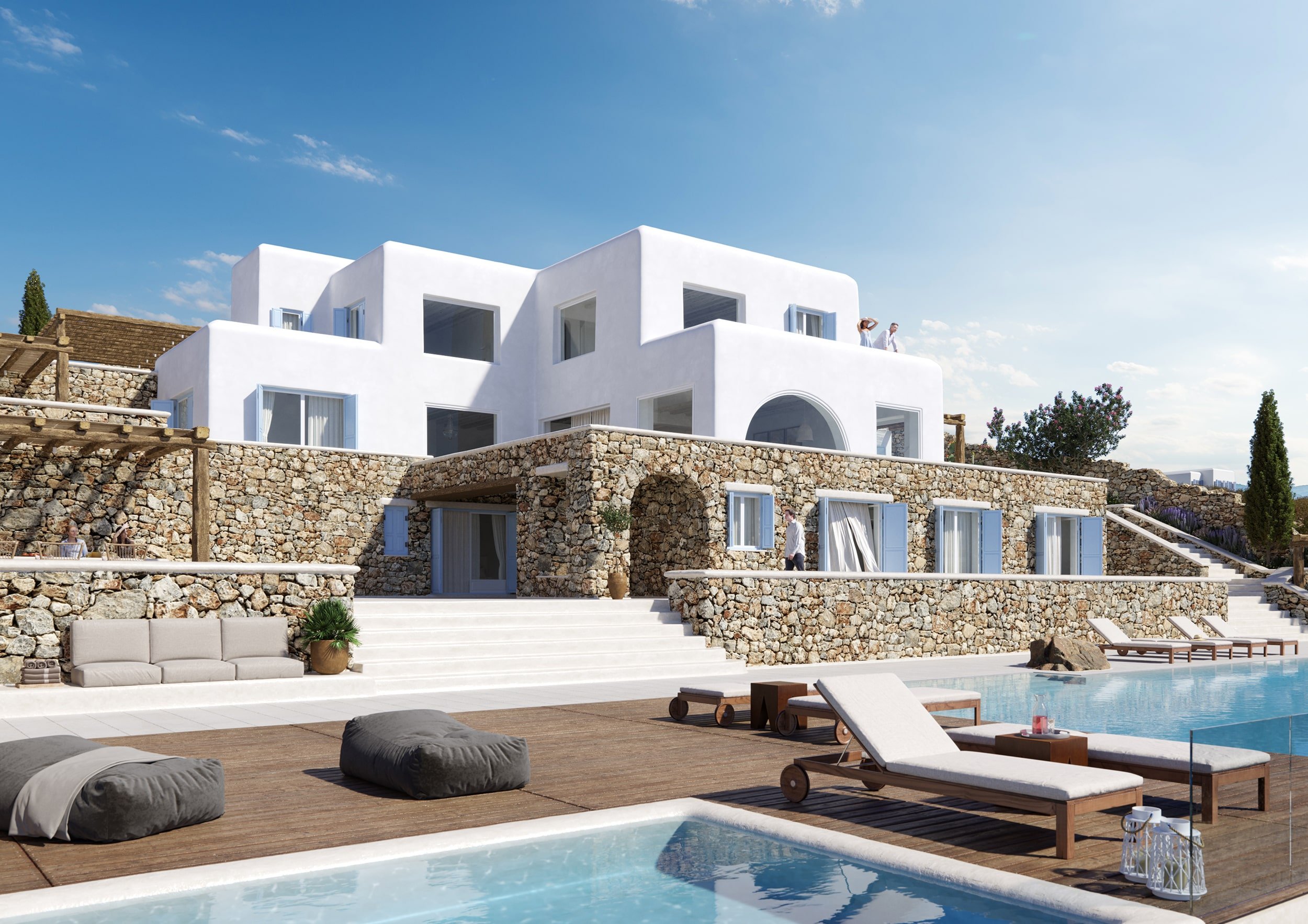 Architectural rendering of a luxury Cycladic villa in Mykonos with white plaster and natural stone walls, cubic volumes, light‑blue shutters, large pool with wooden deck, sun loungers, cushioned seating and a serene coastal Mediterranean atmosphere.