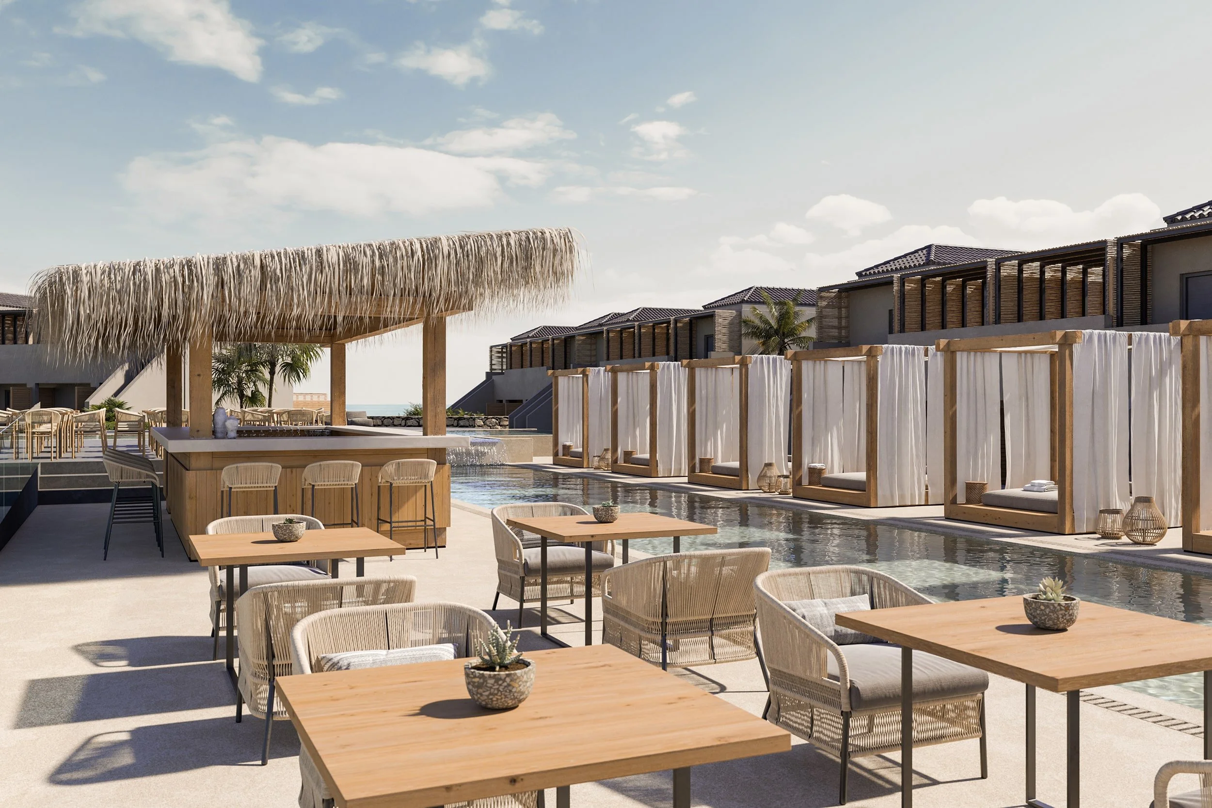 Architectural rendering of a luxury resort poolside lounge in Kefalonia with wooden furniture, shaded cabanas, thatched‑roof bar, modern villas, palm trees and a serene high‑end Mediterranean outdoor setting.