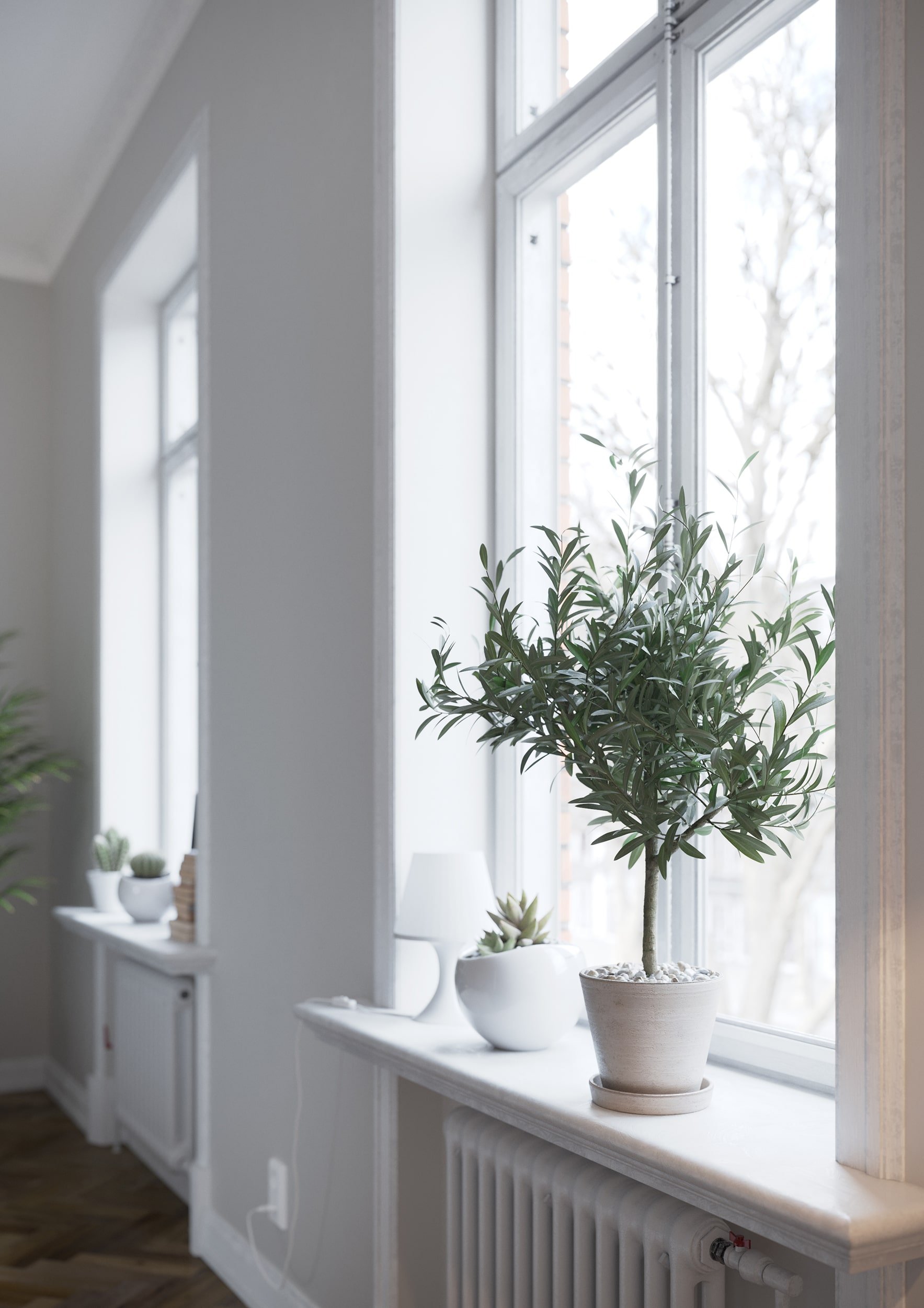 Interior architectural rendering of a Scandinavian minimalist windowsill with potted plants, white ceramics, books and soft natural Nordic light in a bright modern space.