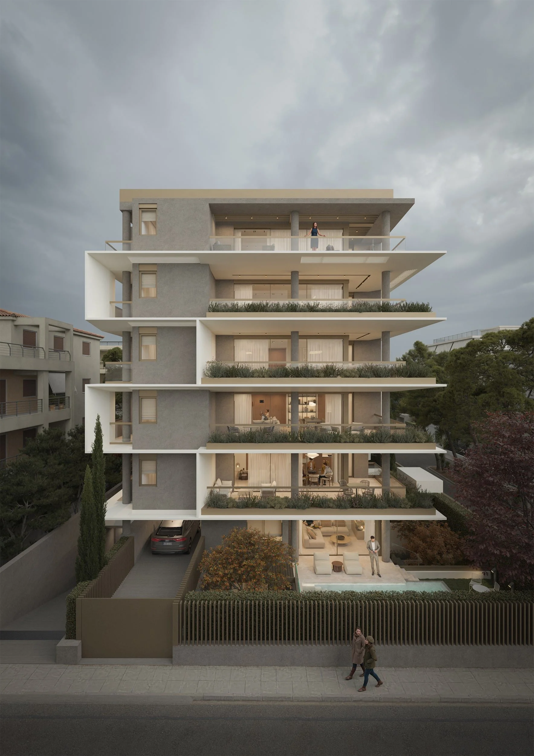 Architectural rendering of a contemporary five‑story residential building in Nea Filothei with glass balconies, integrated greenery, people on the sidewalk and a car entering the covered ground‑floor parking area.