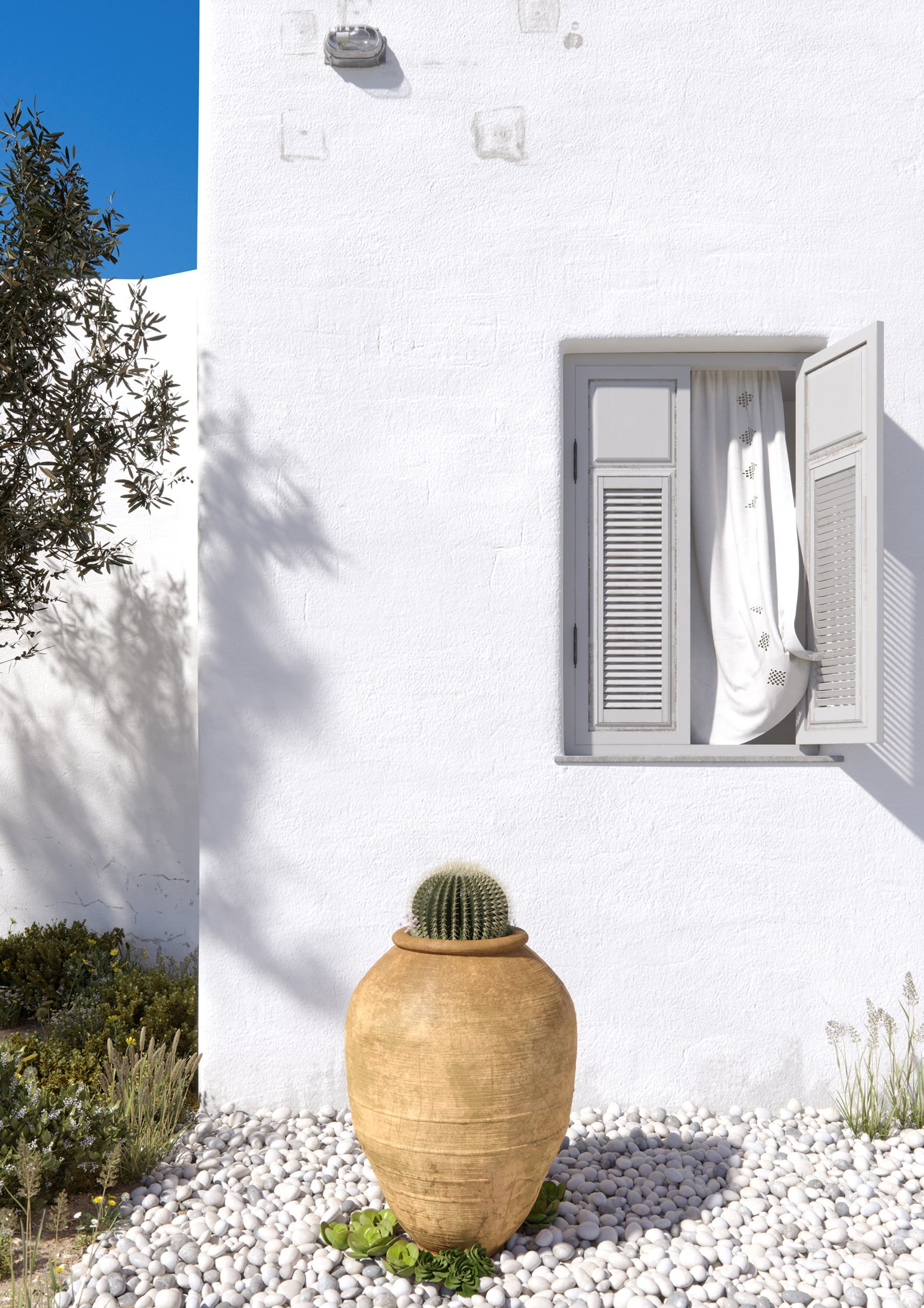 Architectural rendering of a Cycladic exterior with whitewashed wall, small shuttered window, terracotta pot with cactus, olive tree casting shadows and bright Mediterranean light in a serene courtyard setting in the Cyclades.