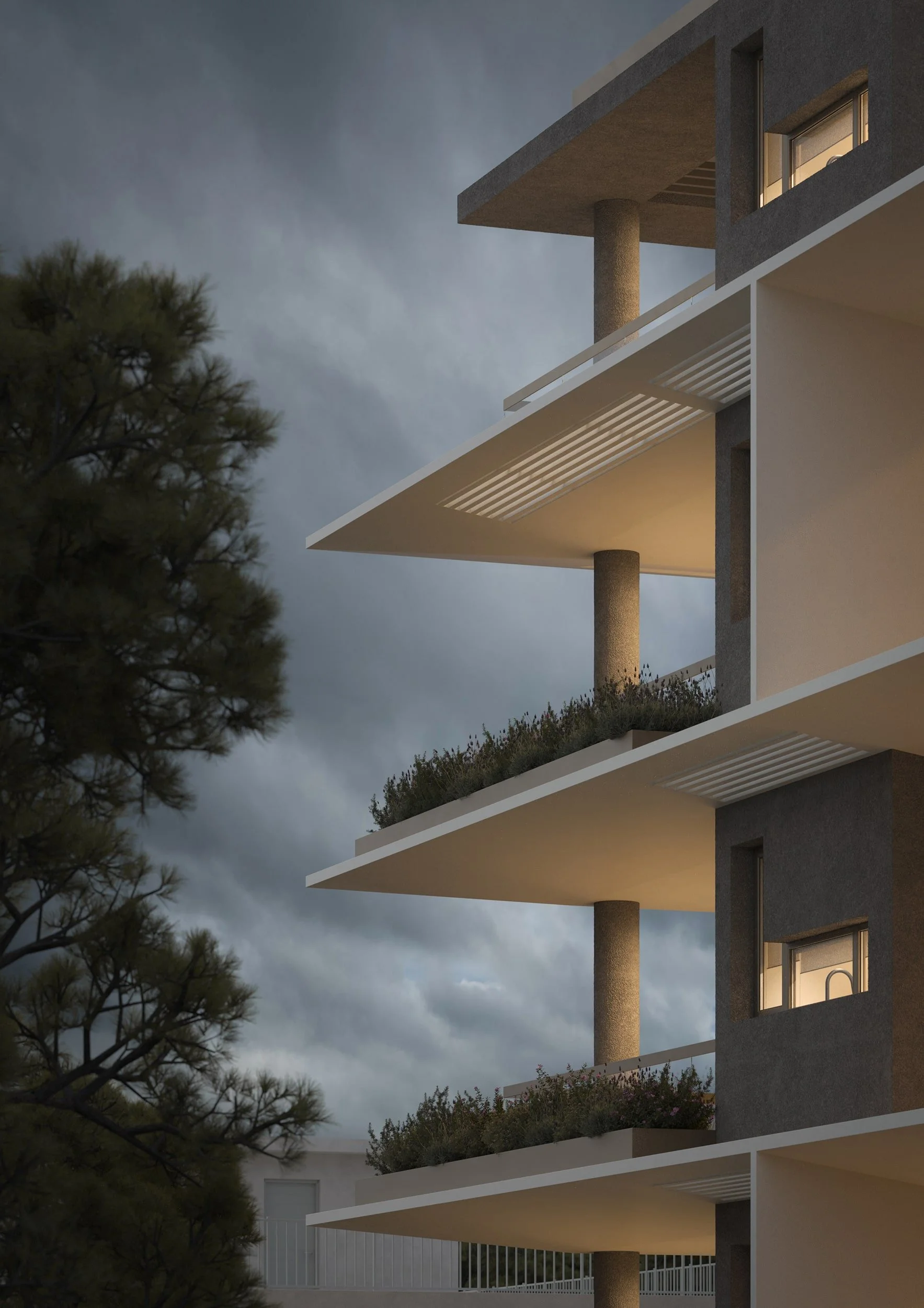 Exterior architectural visualization of a modern multi‑story building in Nea Filothei with cantilevered balconies, cylindrical columns and lush planters, warm interior lighting contrasting with an overcast sky.