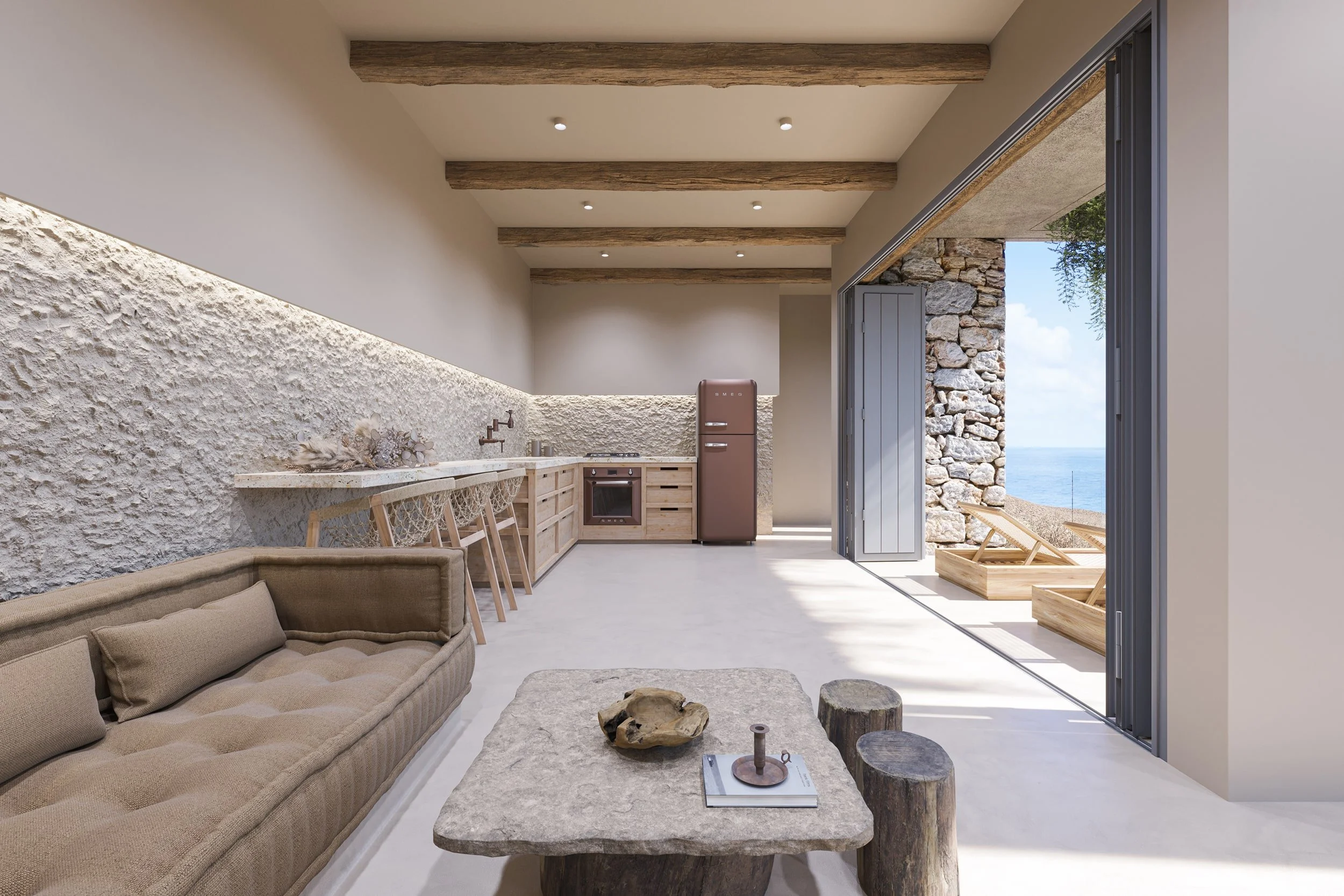 Interior architectural rendering of a minimalist stone‑and‑wood living and kitchen space in Serifos with exposed beams, natural textures, open view to a sea‑facing terrace and seamless indoor‑outdoor Mediterranean design.