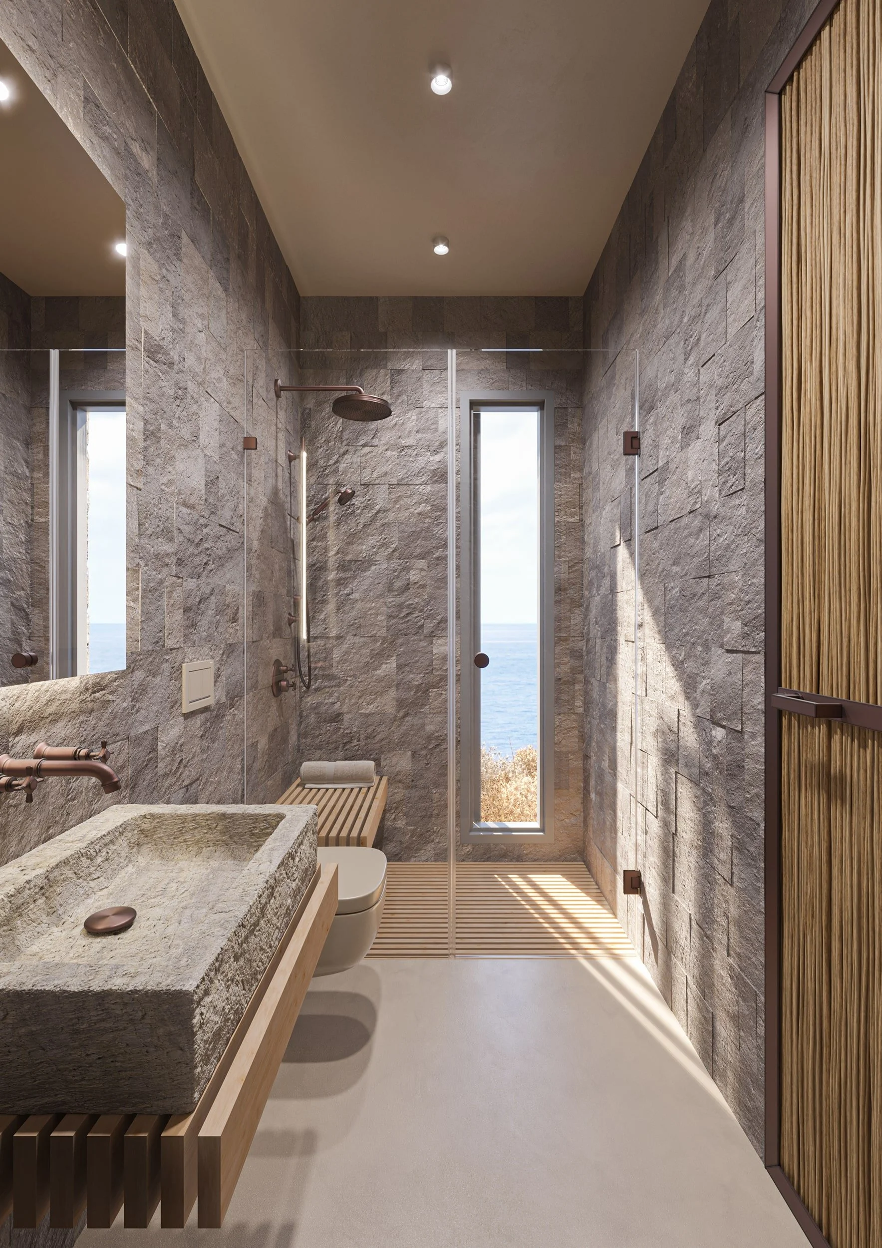 Interior architectural rendering of a modern minimalist bathroom in Serifos with textured stone walls, wooden slatted elements, copper fixtures, glass‑enclosed shower and tall windows framing serene sea views in a natural Mediterranean design.