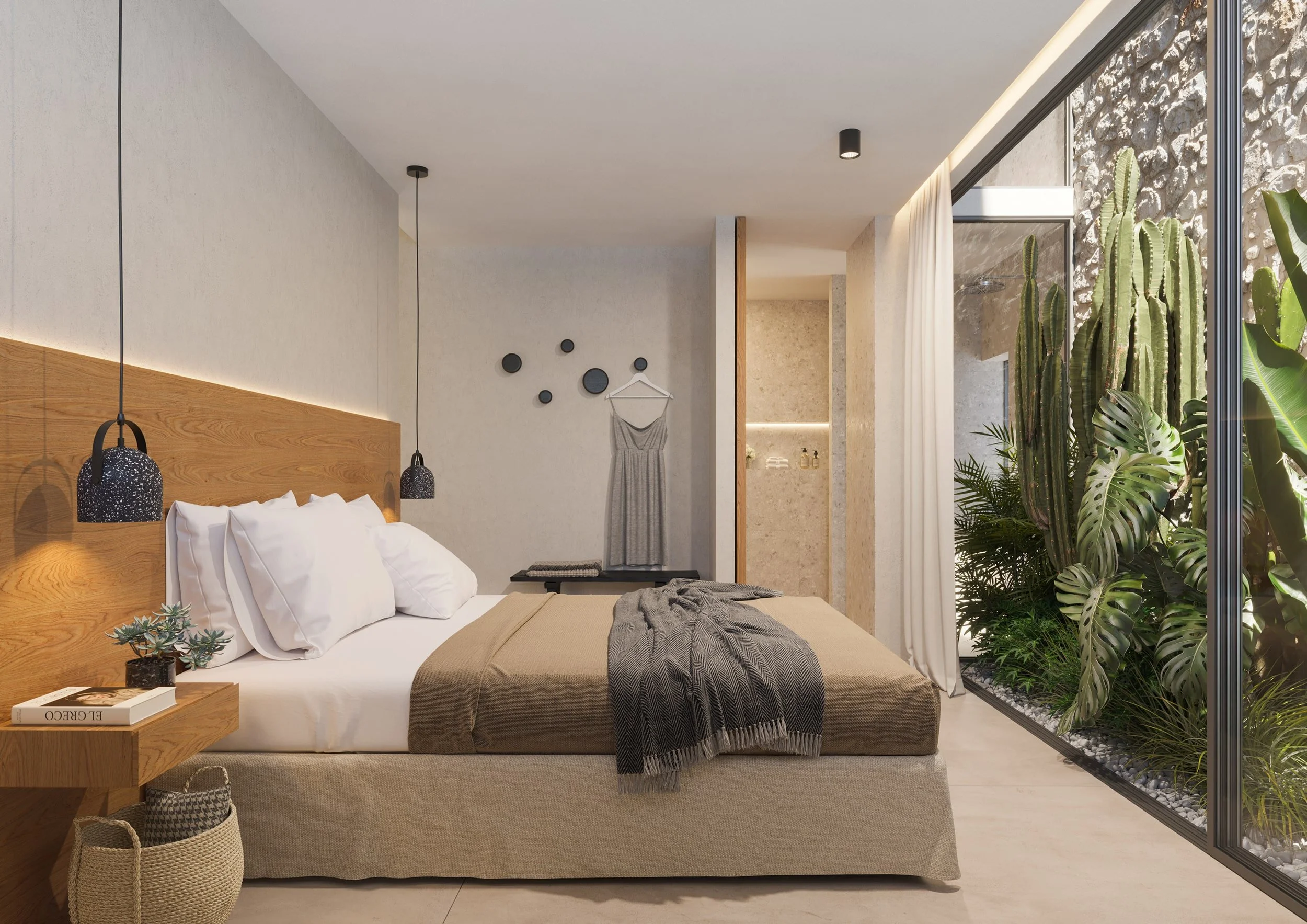 Interior architectural rendering of a modern minimalist bedroom in Messinia with natural stone textures, wooden accents, integrated lighting, open ensuite area, floor‑to‑ceiling glass framing a cactus garden and a serene earthy Mediterranean aestheti