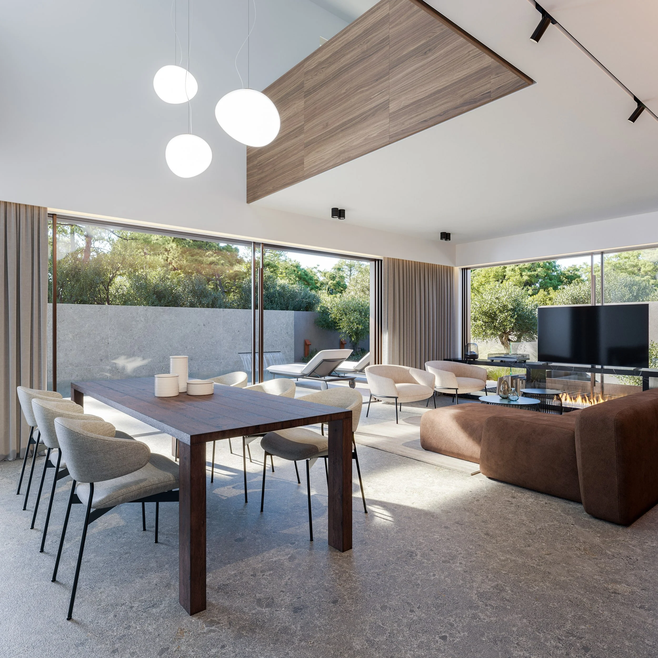 Interior architectural rendering of a modern open‑plan living and dining area in Voula with floor‑to‑ceiling windows, wooden dining table, contemporary seating, minimalist fireplace, warm natural light and a clean contemporary Mediterranean design ae