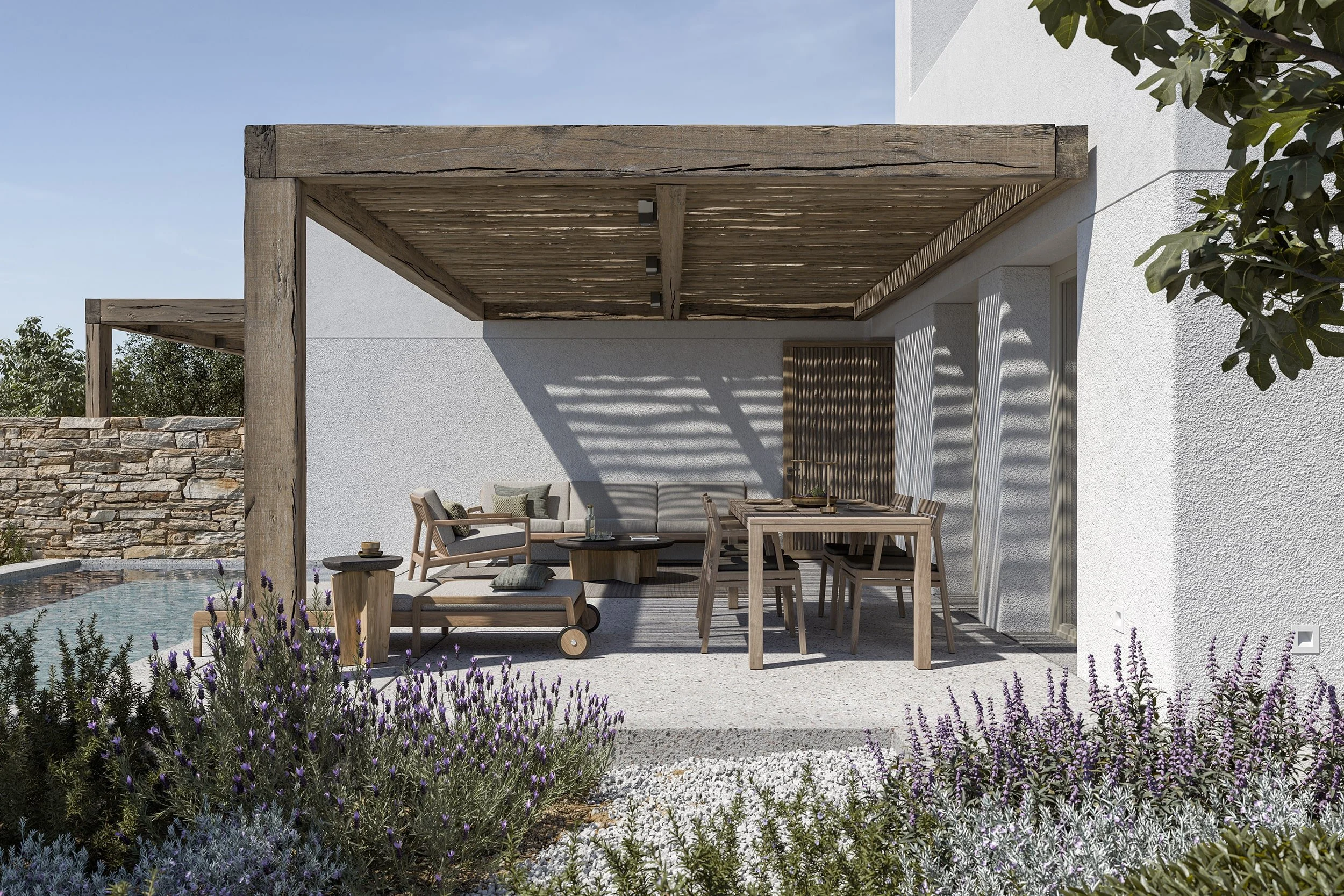 Architectural rendering of a modern outdoor patio in Paros with wooden pergola, patterned shadows, wooden dining and lounge furniture, landscaped plants and a small pool beside a minimalist white residence.