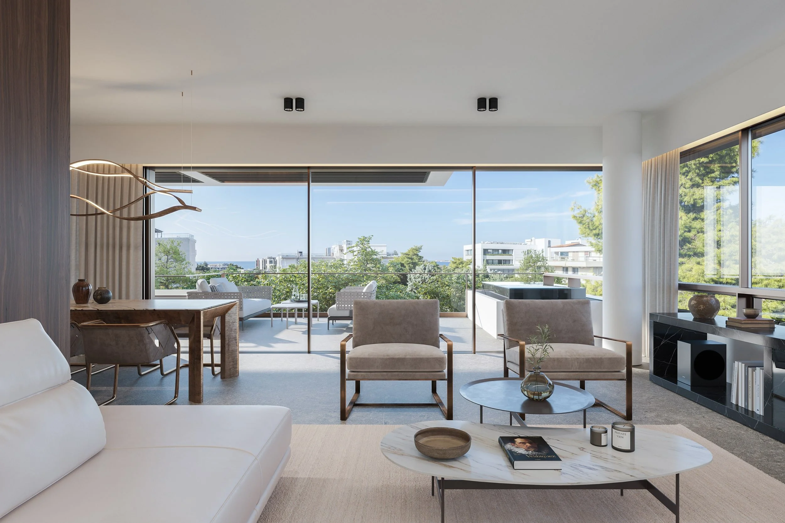 Interior architectural rendering of a modern living and dining area in Voula with floor‑to‑ceiling glass openings to a large balcony, minimalist furniture, marble and metal coffee tables, wooden dining table, sculptural lighting and a bright contempo
