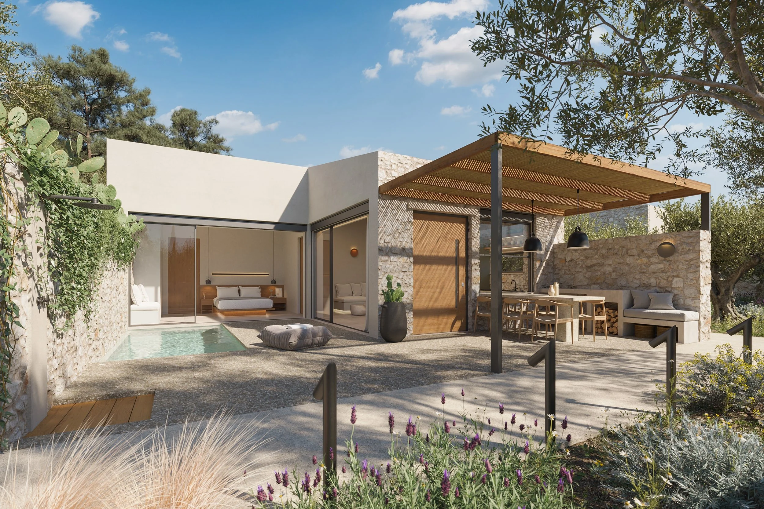 Architectural rendering of a modern Mediterranean outdoor living space in Messinia with white and stone surfaces, shaded wooden pergola, dining area with pendant lights, small pool beside a bedroom, built‑in seating and drought‑tolerant landscaping i