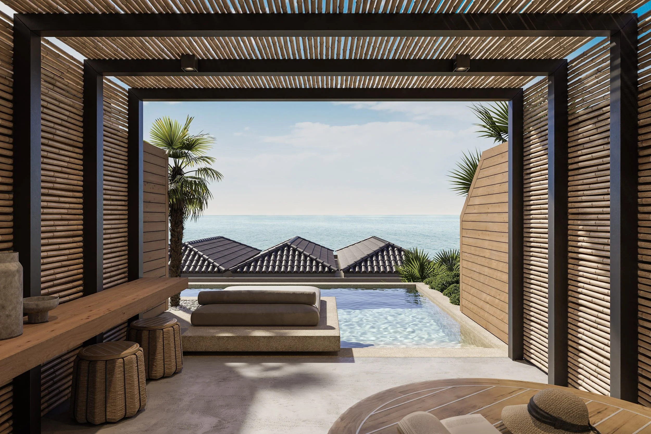 Architectural rendering of a modern tropical‑inspired outdoor lounge in Kefalonia with shaded wooden pergola, cushioned seating, small pool, woven stools, natural materials and serene coastal views.