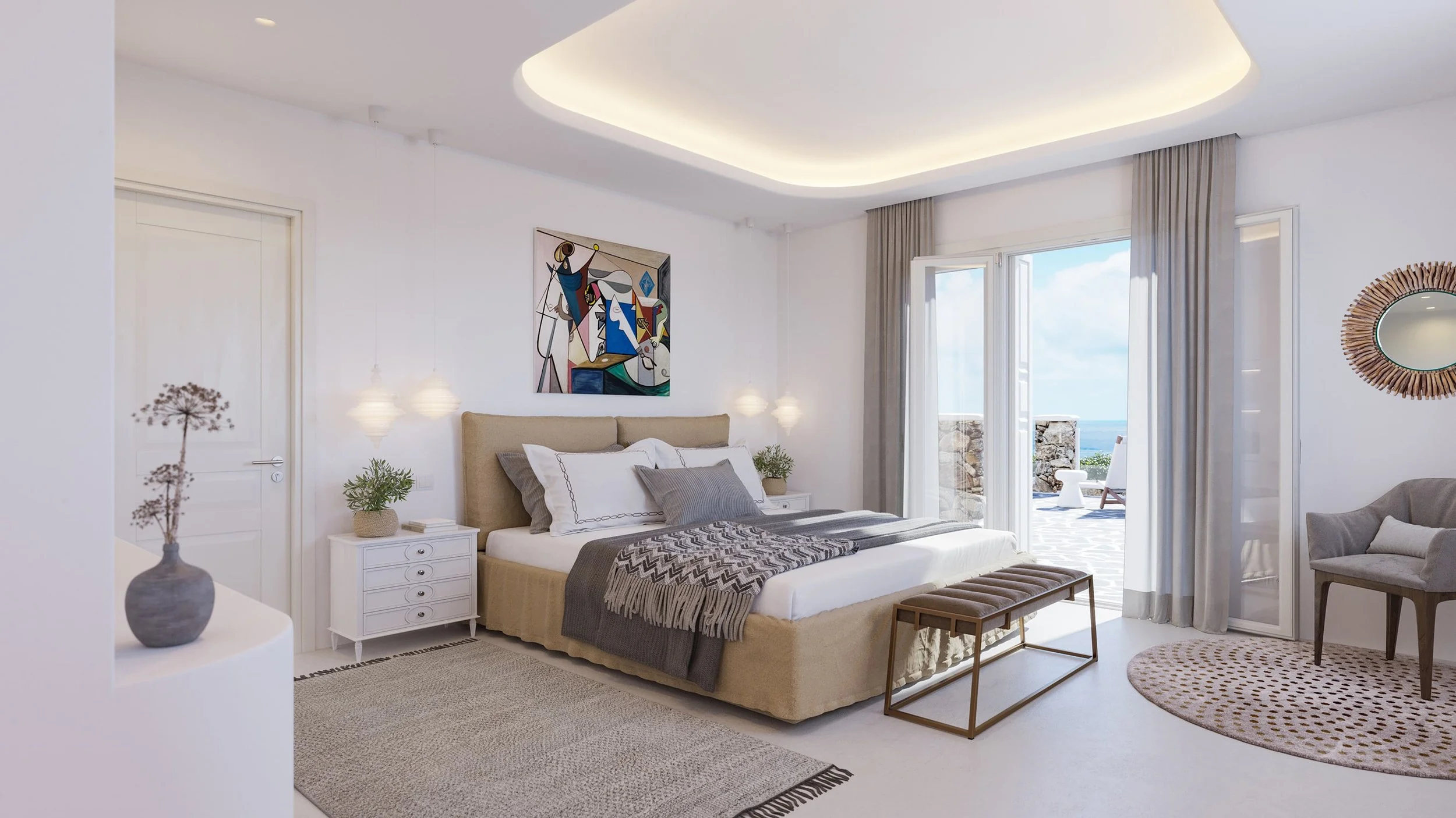 Interior architectural rendering of a modern luxury bedroom in Mykonos with neutral tones, upholstered bed, abstract artwork, seating corner, large glass doors opening to a sea‑view terrace and a serene contemporary Cycladic aesthetic.