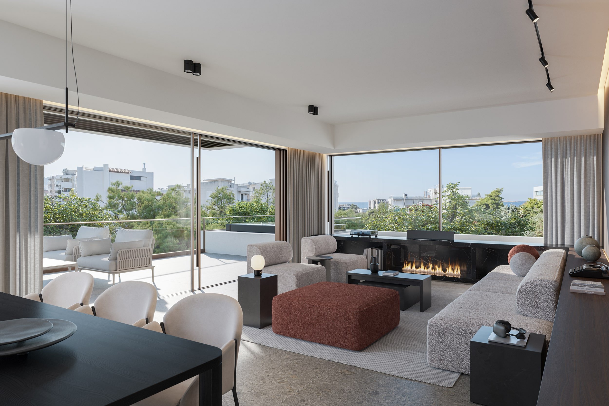 Interior architectural rendering of a modern luxury living room in Voula with floor‑to‑ceiling windows opening to a spacious balcony, minimalist sofas, linear fireplace with black marble surround, contemporary dining area and abundant natural light i