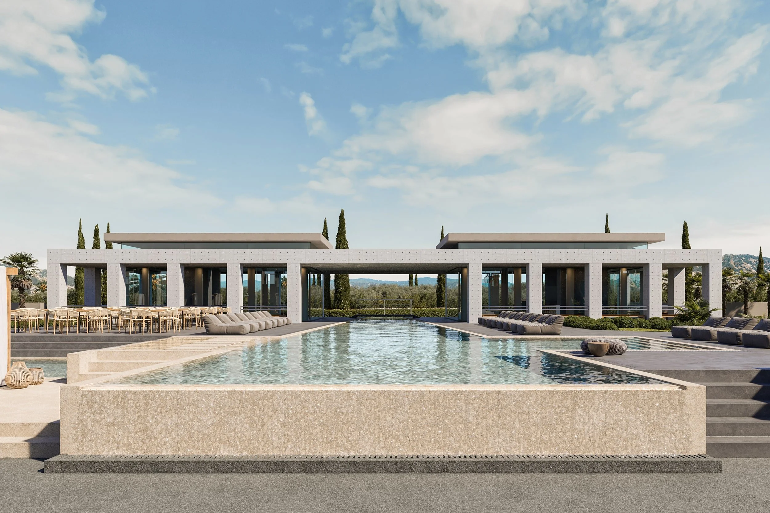 Architectural rendering of a modern minimalist residence in Kefalonia with large rectangular pool, sun loungers, outdoor seating and dining areas, tall cypress trees and clean contemporary Mediterranean design under a bright sky.