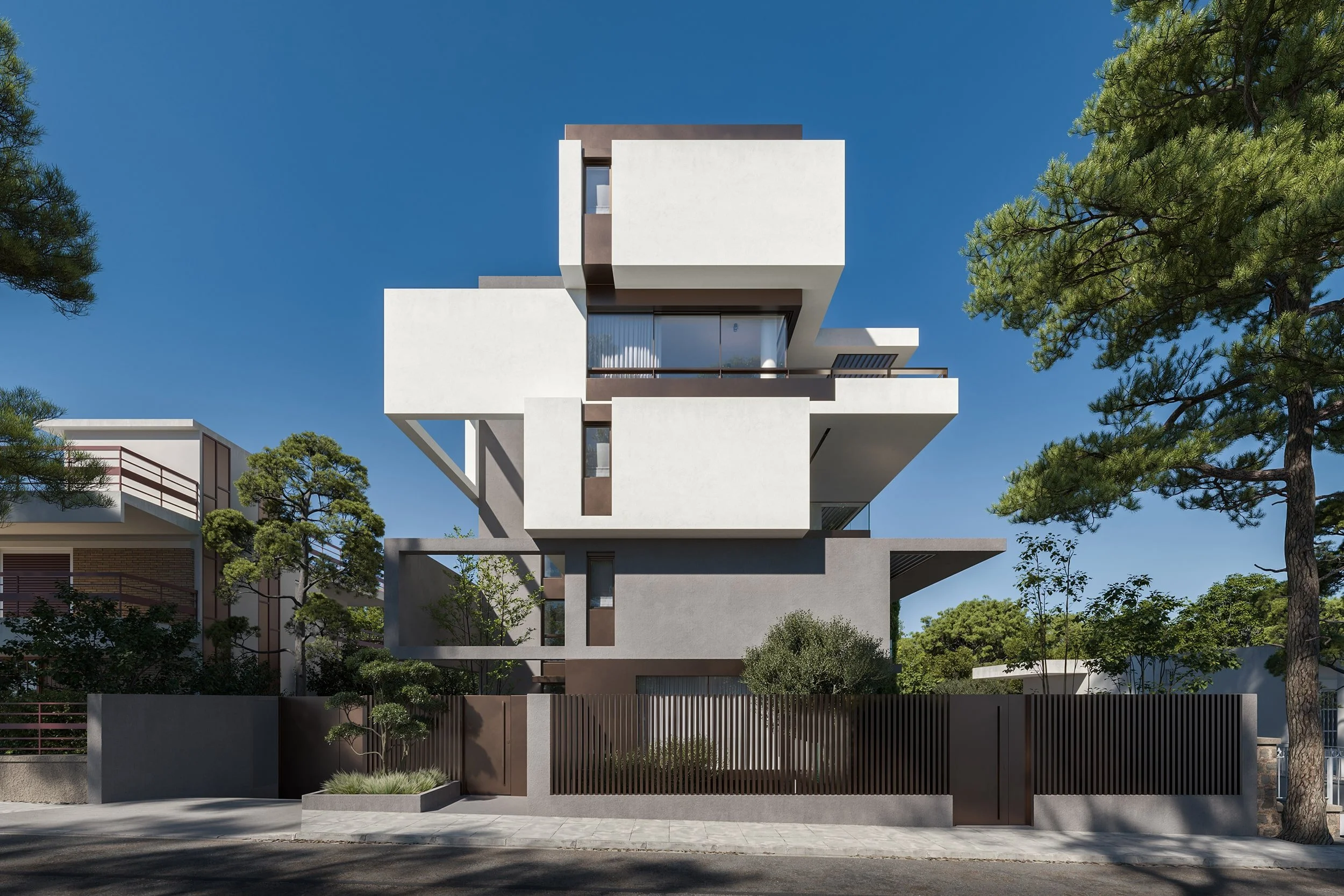 Architectural rendering of a modern multi‑story residential building in Voula with stacked geometric volumes, white and gray surfaces, large glass openings and surrounding greenery emphasizing contemporary minimalist design.