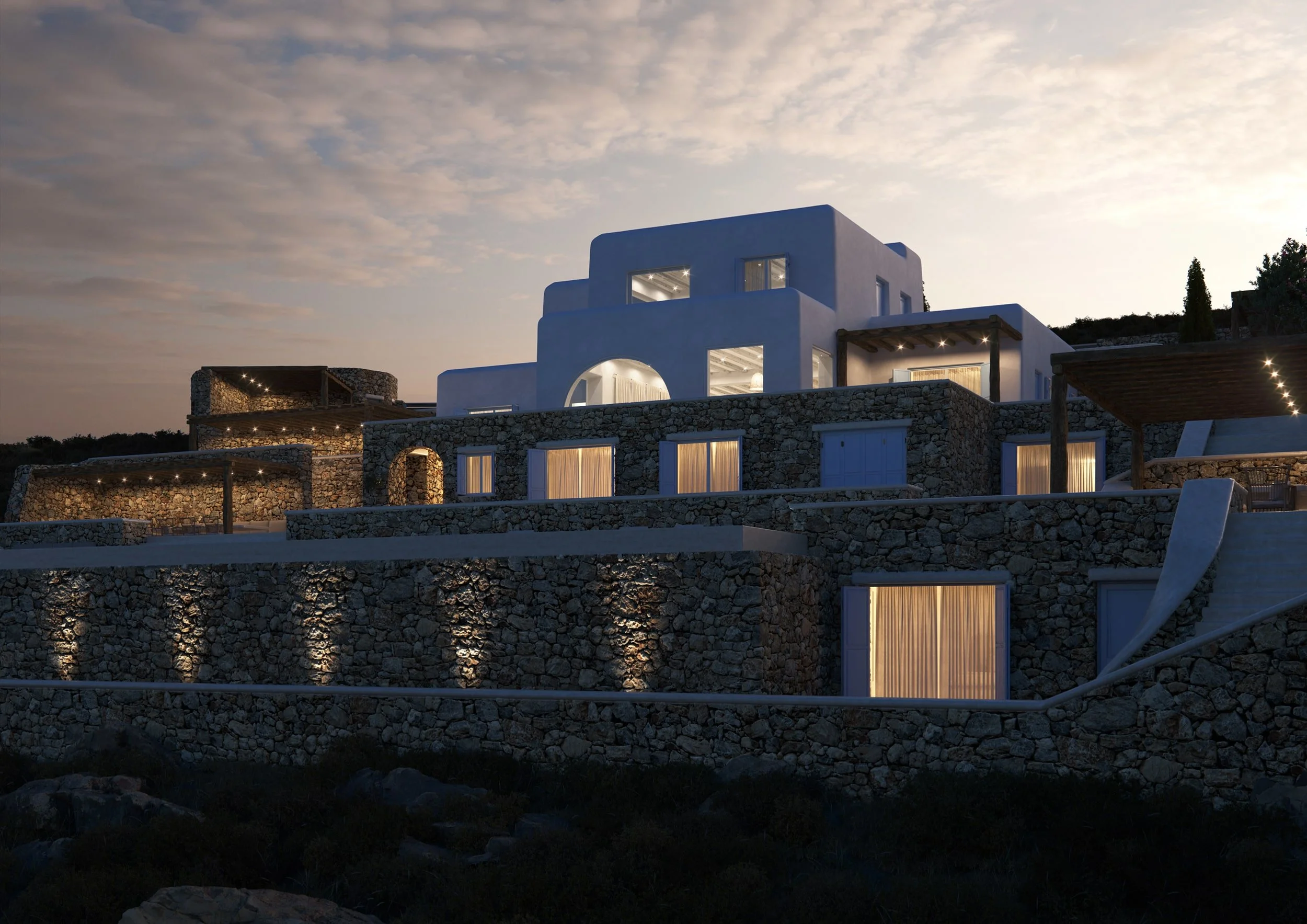 Architectural rendering of a multi‑level Cycladic villa in Mykonos with white plaster and natural stone walls, wooden pergolas, warm evening lighting, smooth cubic forms and terraces built into the hillside in a serene Mediterranean setting.