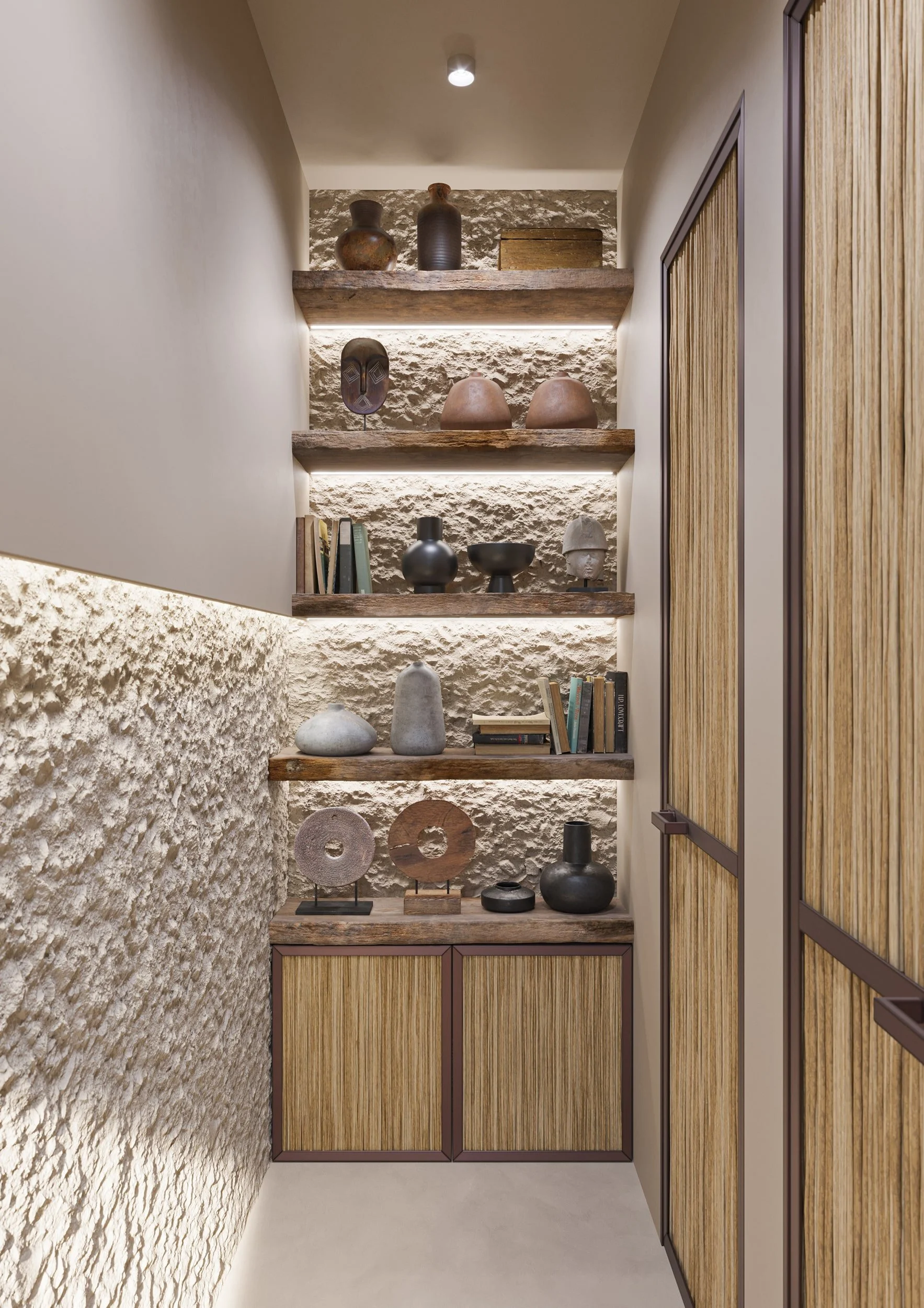 Interior architectural rendering of a narrow stone alcove in Serifos with built‑in wooden shelves, warm recessed lighting, natural textures and curated decorative objects creating an earthy minimalist Mediterranean aesthetic.