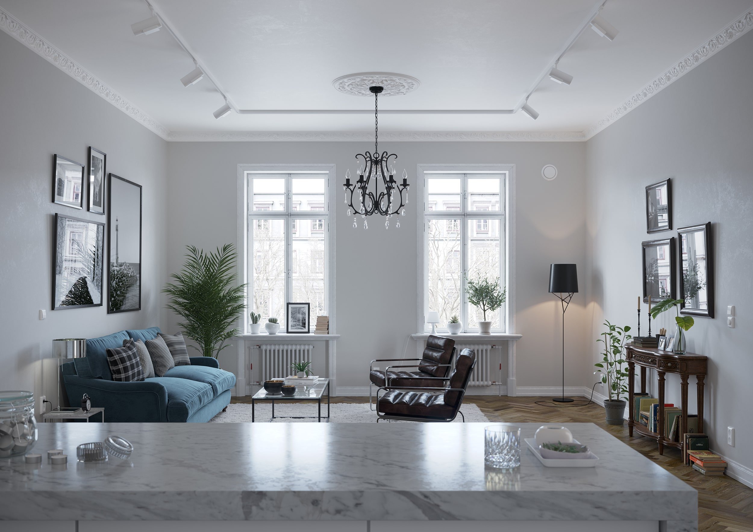 Interior architectural rendering of a Scandinavian‑inspired living room with large windows, natural light, blue sofa, leather chairs, glass coffee table, plants, minimalist decor and a calm modern Nordic atmosphere.