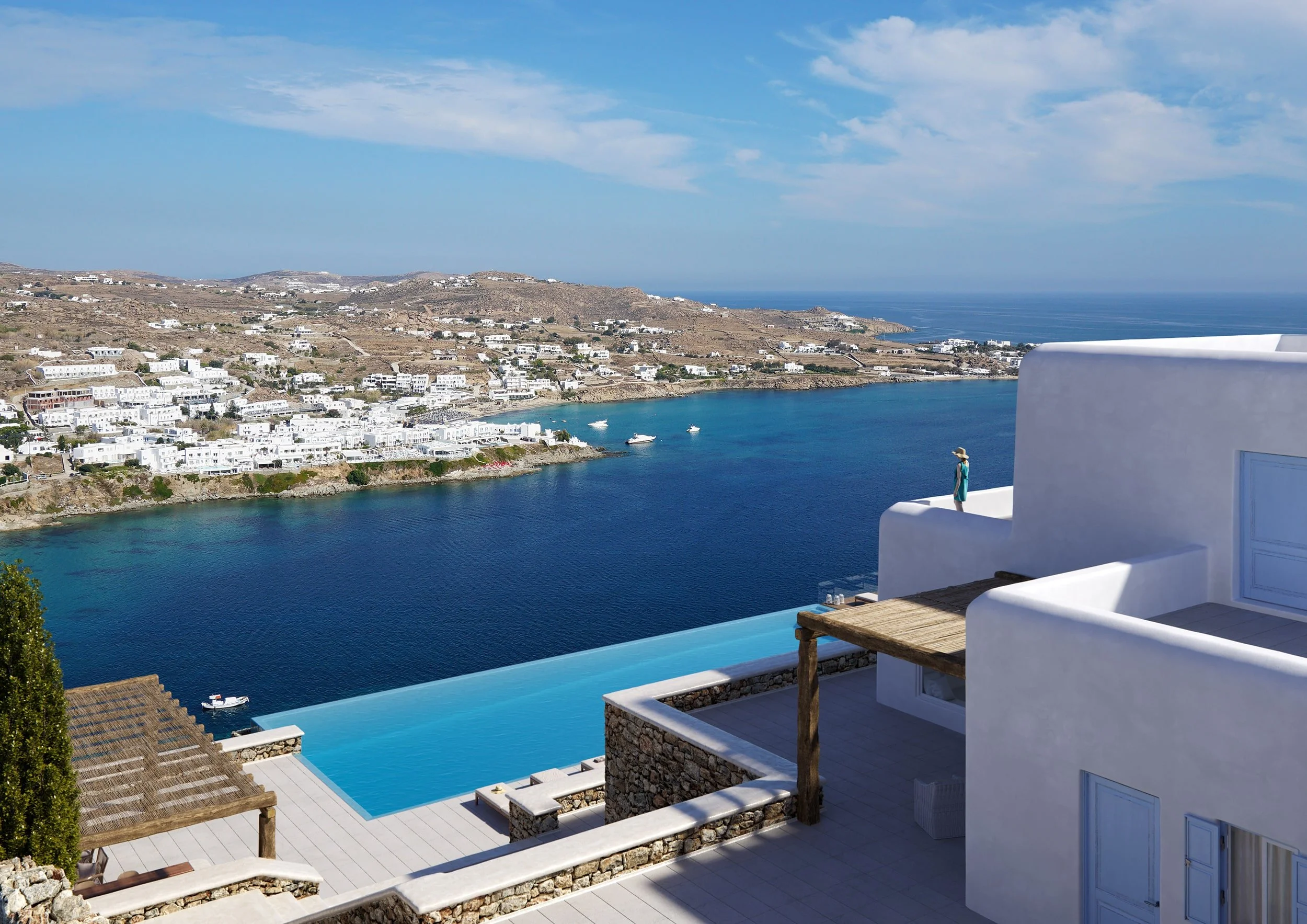 Architectural rendering of a modern Cycladic villa in Mykonos with whitewashed volumes, wooden pergola, infinity pool overlooking the Aegean, coastal townscape across the bay and a serene contemporary Mediterranean atmosphere.