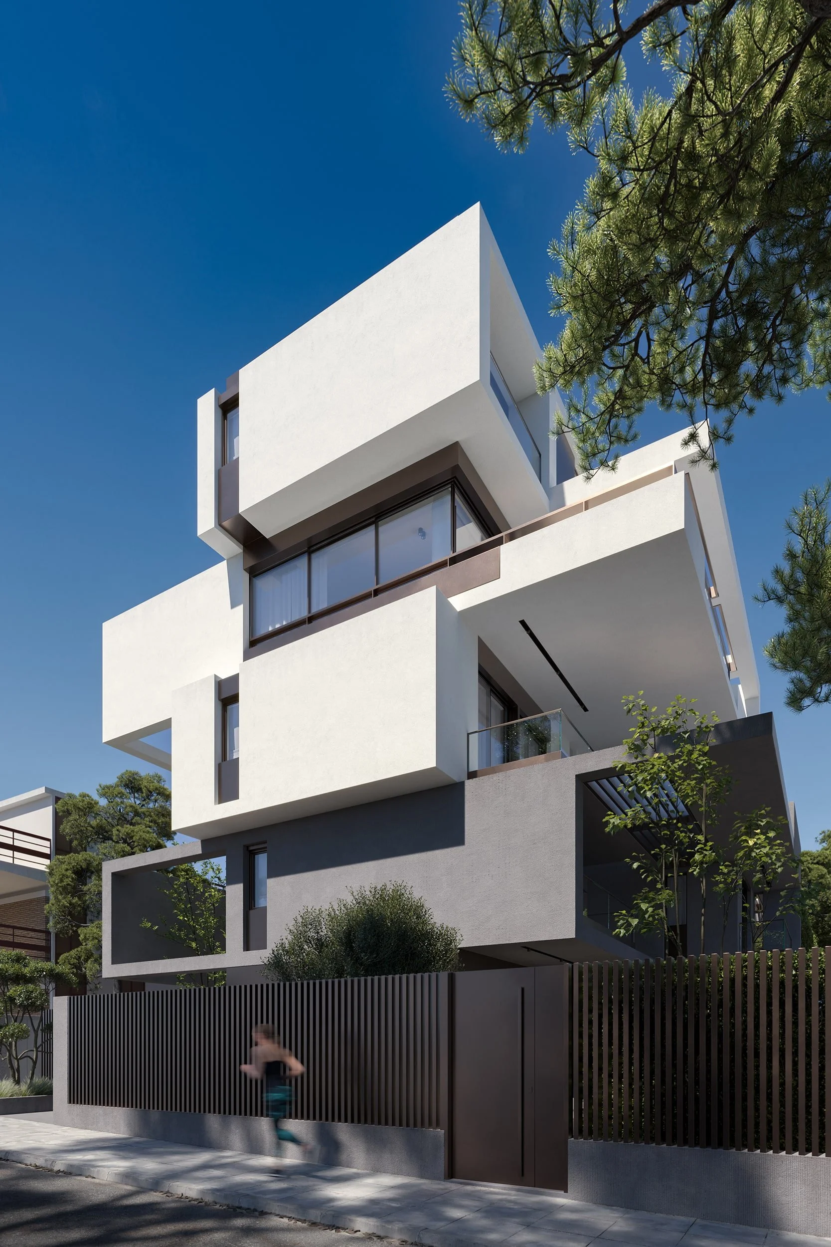 Architectural rendering of a modern multi‑story residential building in Voula with overlapping geometric volumes, white and gray surfaces, large glass openings, vertical slatted fencing and surrounding greenery in a contemporary urban setting.