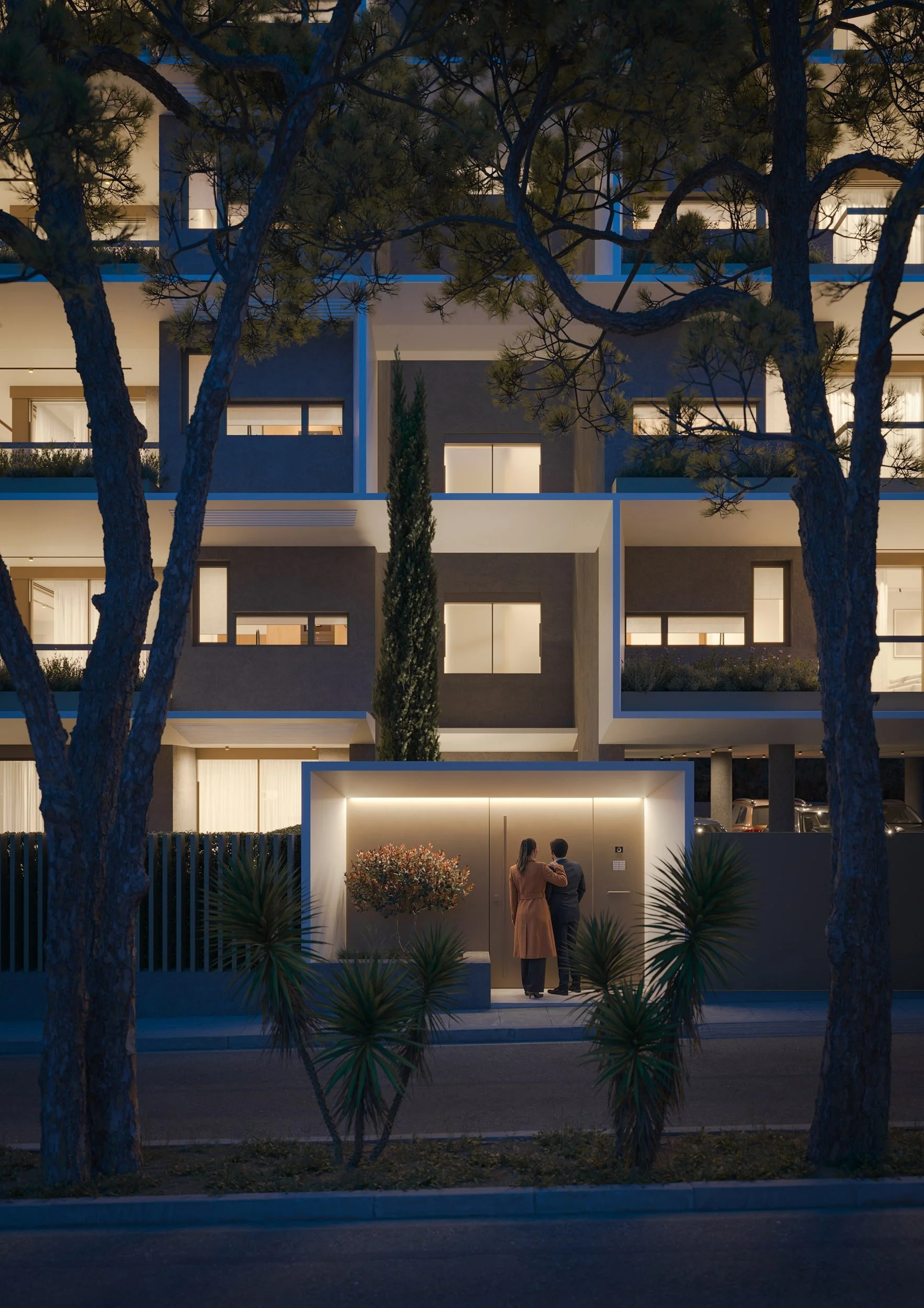Architectural rendering of a modern multi‑story residential building in Nea Filothei at dusk, with warm interior lighting, clean contemporary lines, rectangular balconies and a softly illuminated entrance framed by pine trees.