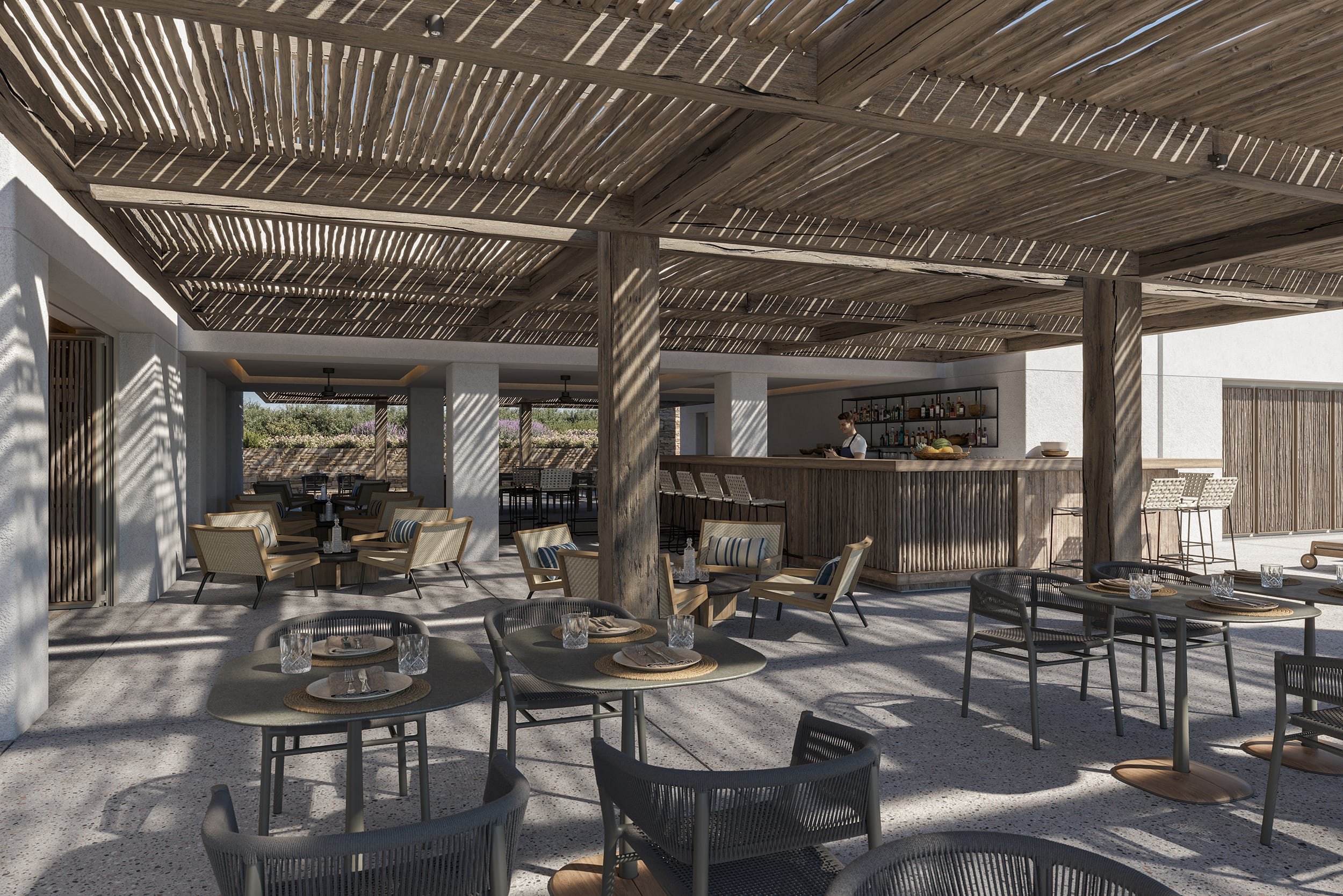 Architectural rendering of an open‑air bar‑restaurant in Paros with wooden pergola roof, patterned shadows, lounge seating, dining tables and a warm bar area in a relaxed natural outdoor setting.