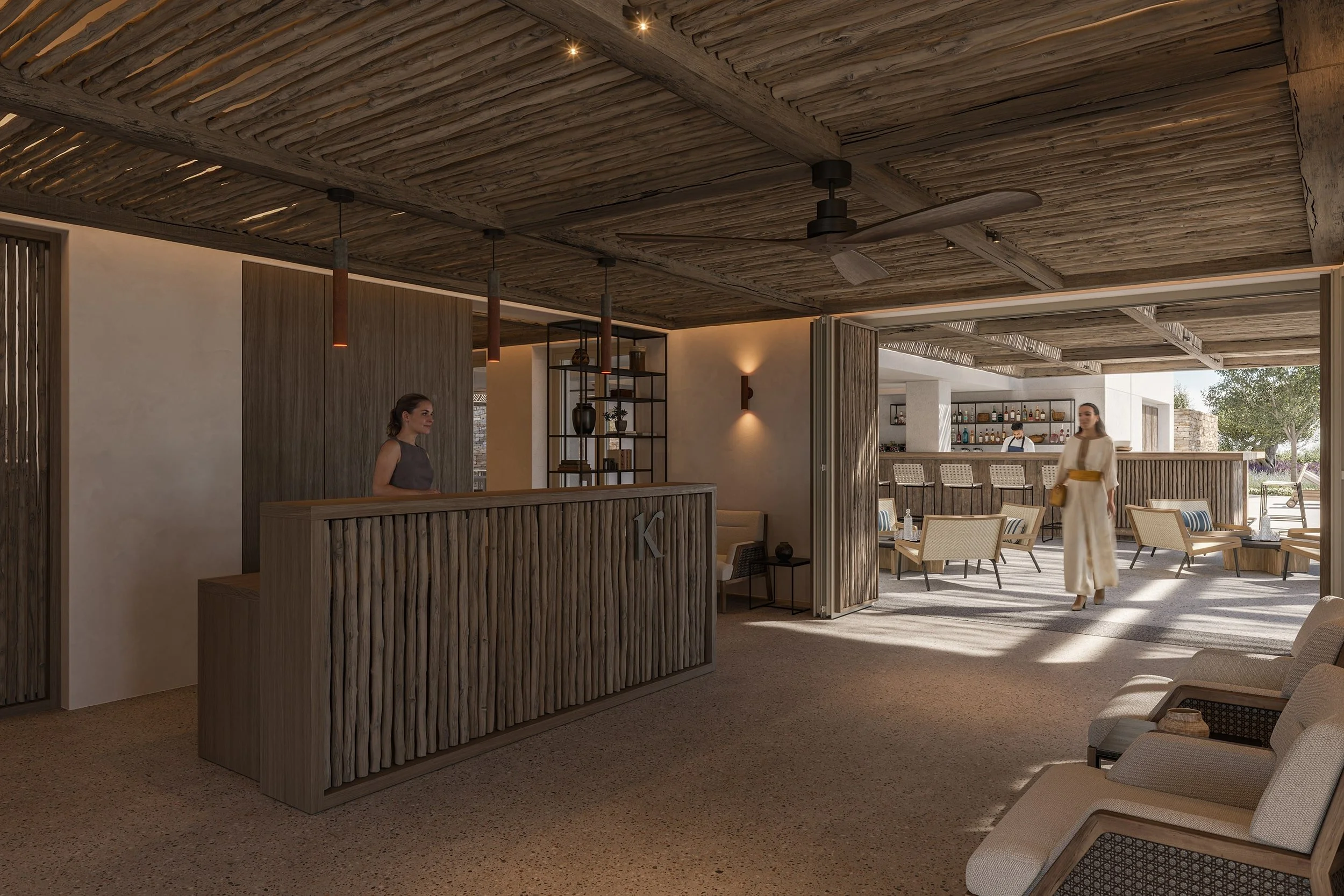 Architectural rendering of a modern rustic hotel lobby in Paros with wooden reception desk, natural timber beams, warm ambient lighting and an open lounge‑bar area creating a cozy contemporary hospitality atmosphere.