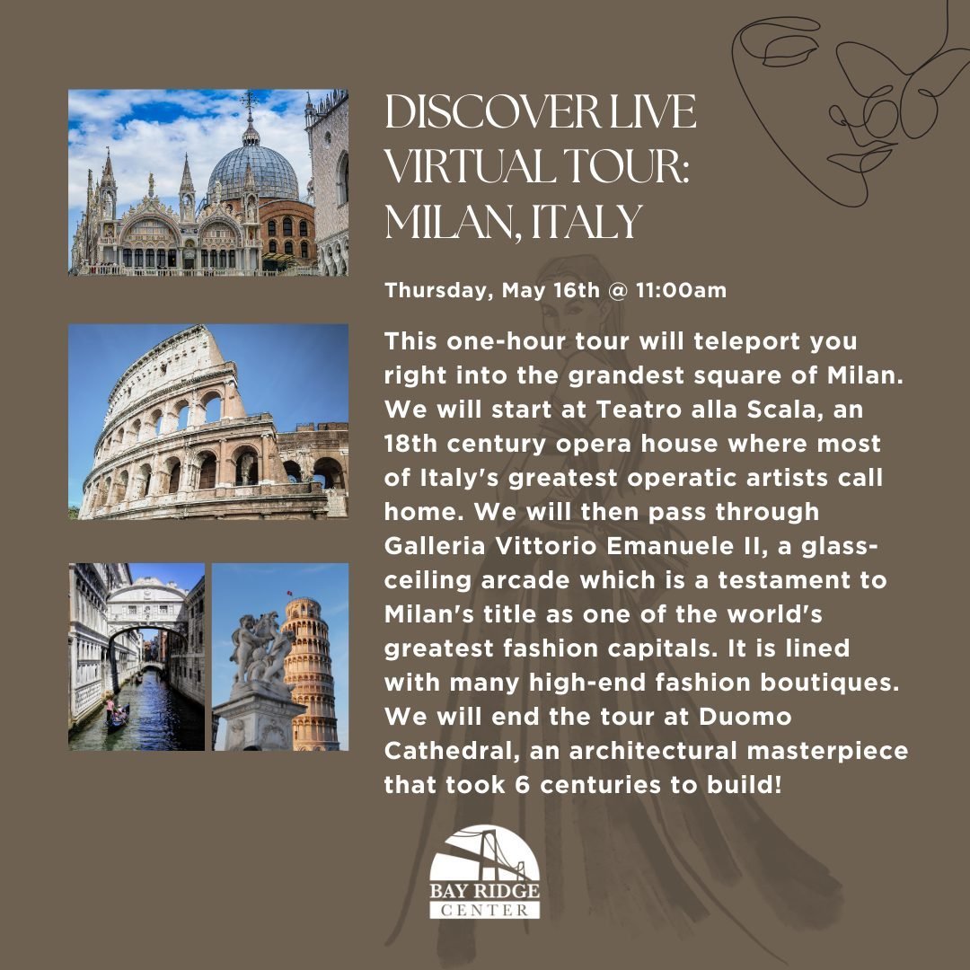Virtual journey to the heart of Milan, Italy! Join us on Thursday, May 16th at 11:00am for an immersive one-hour tour through the city's most iconic landmarks. From the majestic Teatro alla Scala to the glamorous Galleria Vittorio Emanuele II, and co