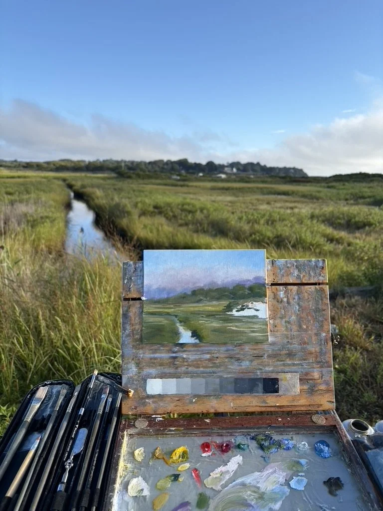 Block-in stage of Morning Drift, oil landscape painting of a Newport marsh between Second and Third Beach