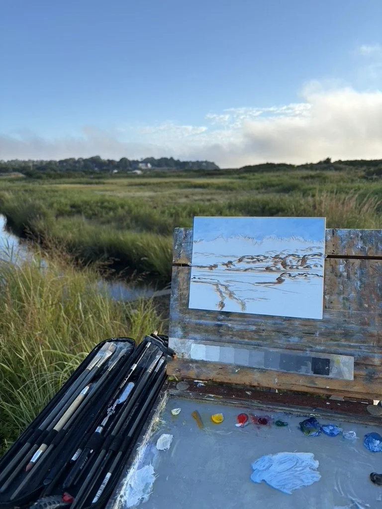 Burnt umber drawing stage of Morning Drift, oil landscape painting of a Newport marsh