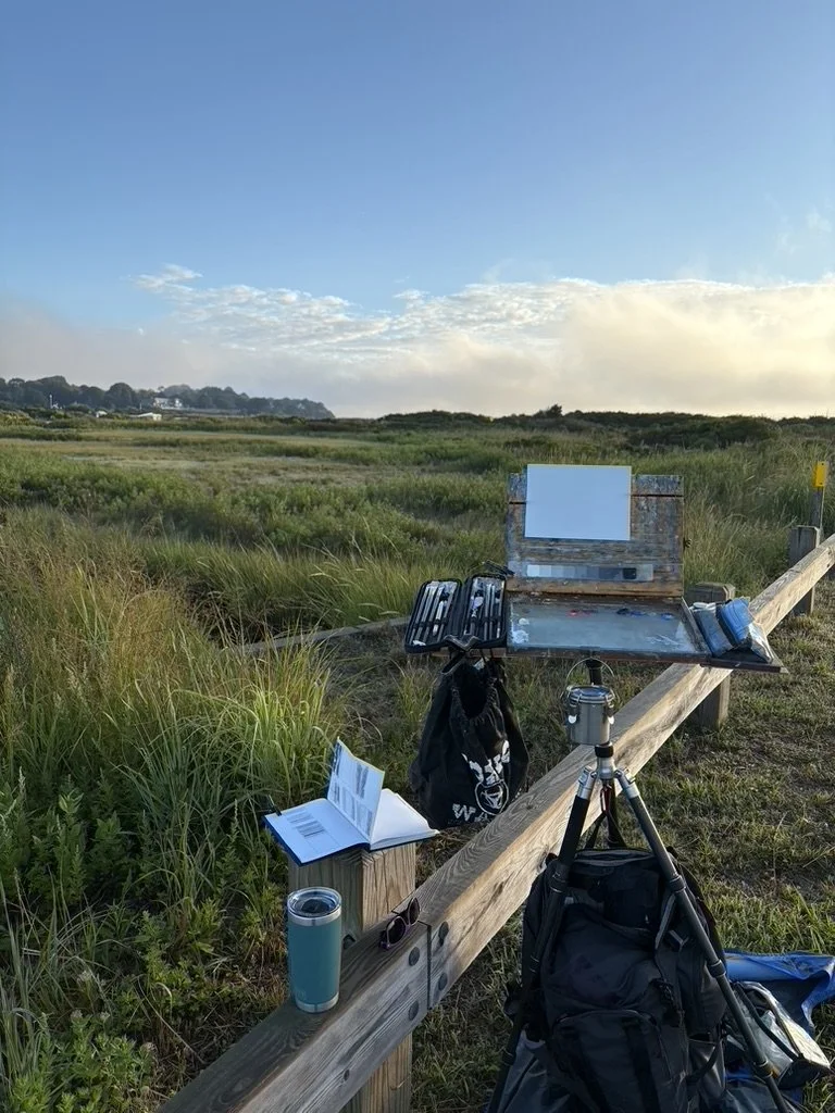 Plein air setup at sunrise between Second and Third Beach in Newport, used for the oil painting Morning Drift