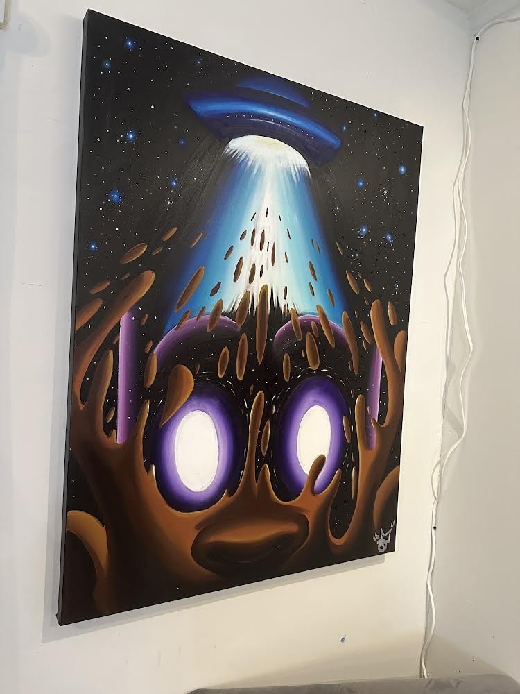 Surreal painting of a face with wide eyes and hands reaching out, illuminated by a UFO beam in a starry sky.