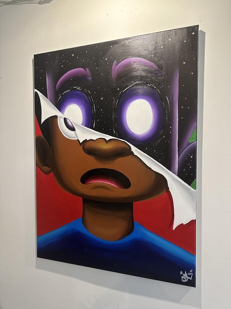 Surreal painting of a person with facial features peeling away to reveal a cosmic scene with glowing eyes. Background is a deep red with a blue shirt.