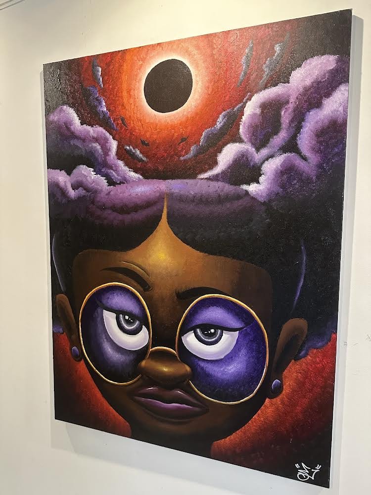 Abstract painting of a person with large purple glasses, under a red and black eclipse sky with purple clouds.