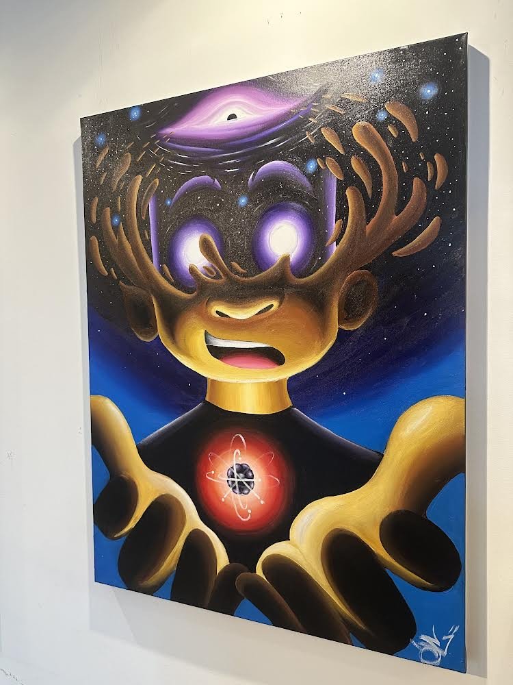Surreal painting of a figure with glowing eyes, an eye on their forehead, and an atom symbol on their chest, set against a cosmic background.